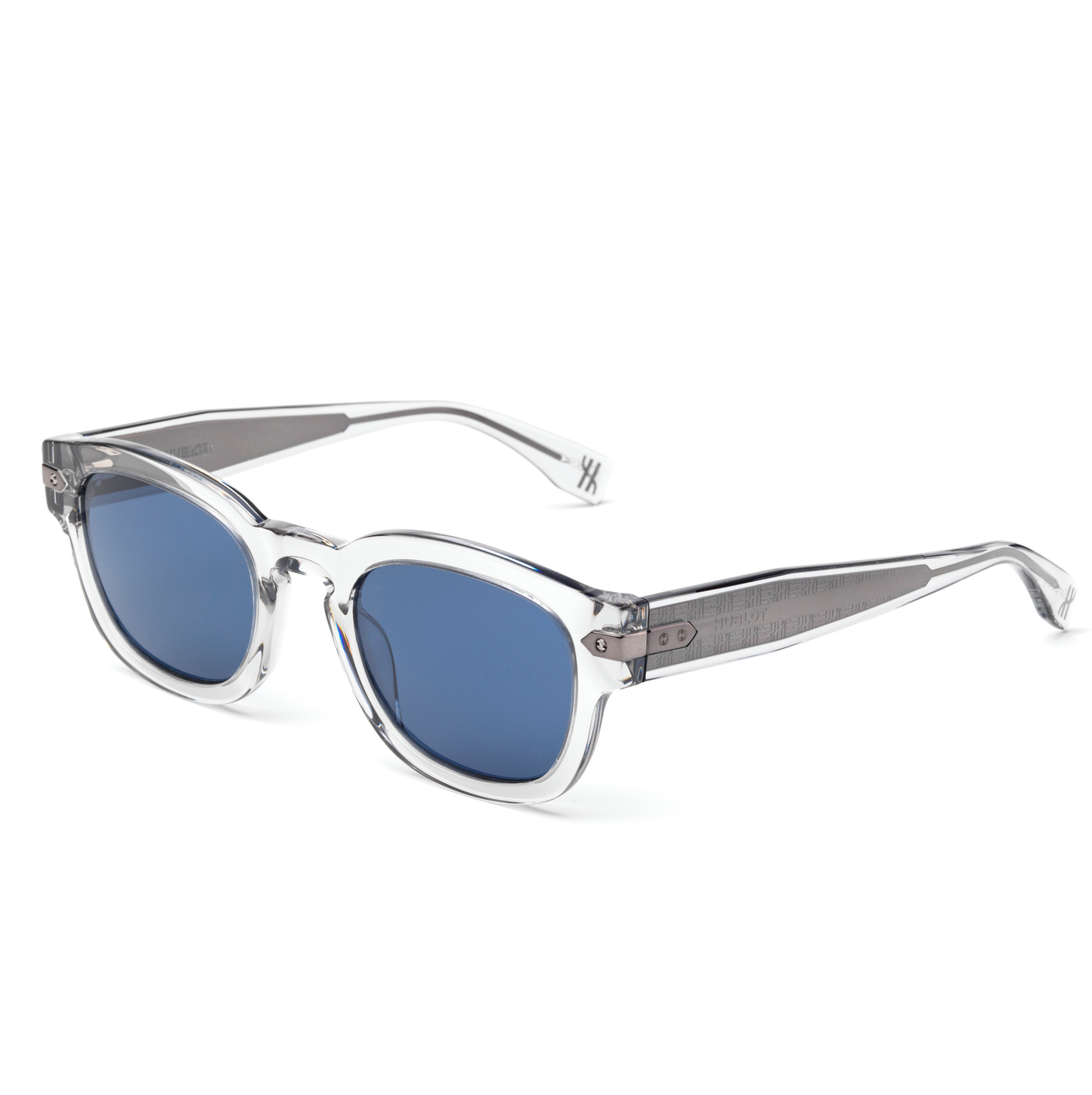 Crystal Grey Rounded Key Sunglasses with Solid Blue Lens