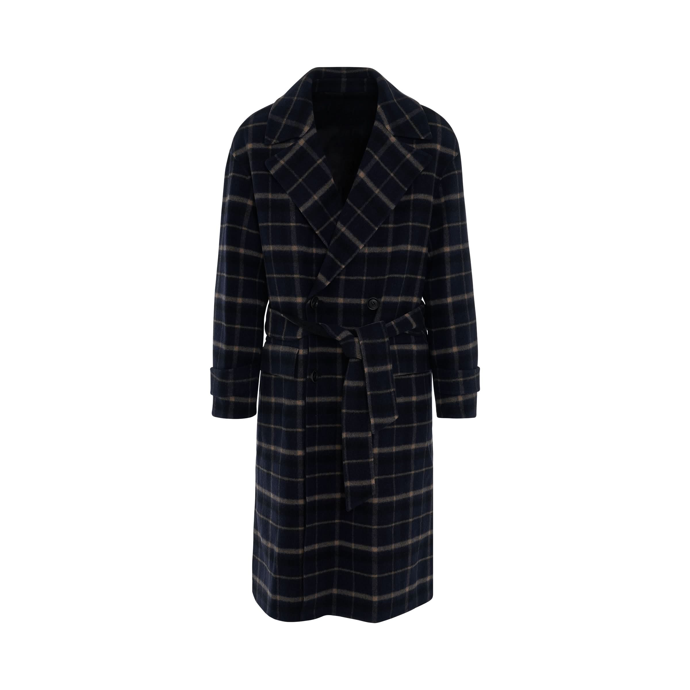 Check Wool Coat in Navy