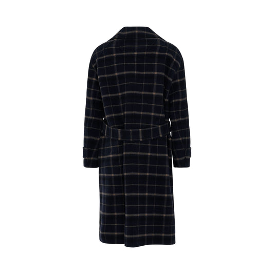 Check Wool Coat in Navy