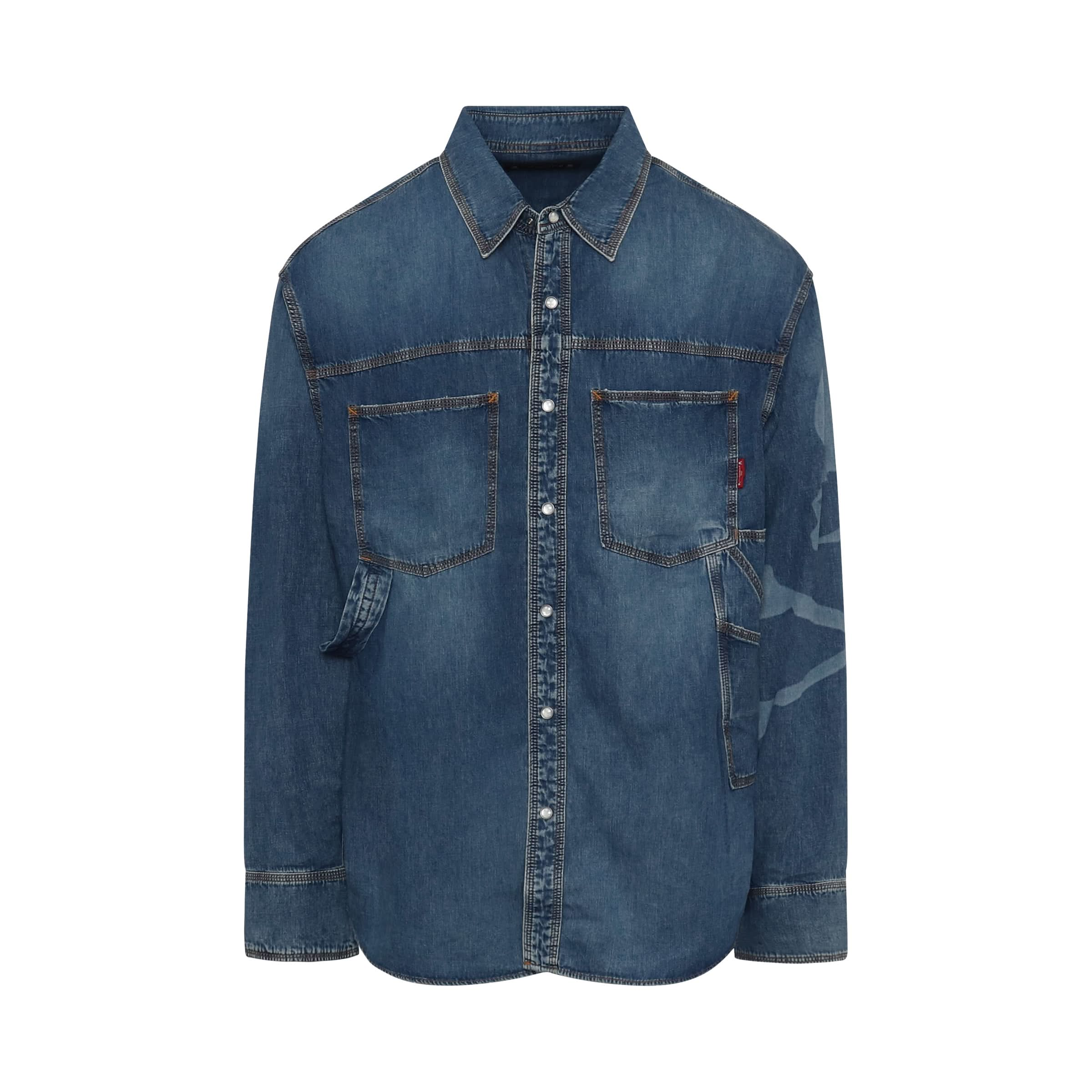 Light Work Bleached Skull Denim Shirt in Indigo