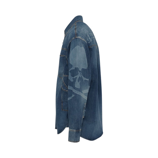 Light Work Bleached Skull Denim Shirt in Indigo