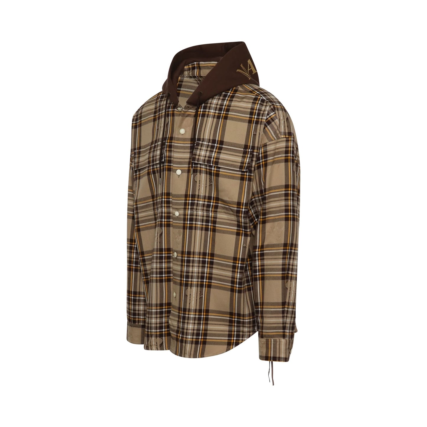 Hooded Plaid Emboidered Logo Shirt in Sand