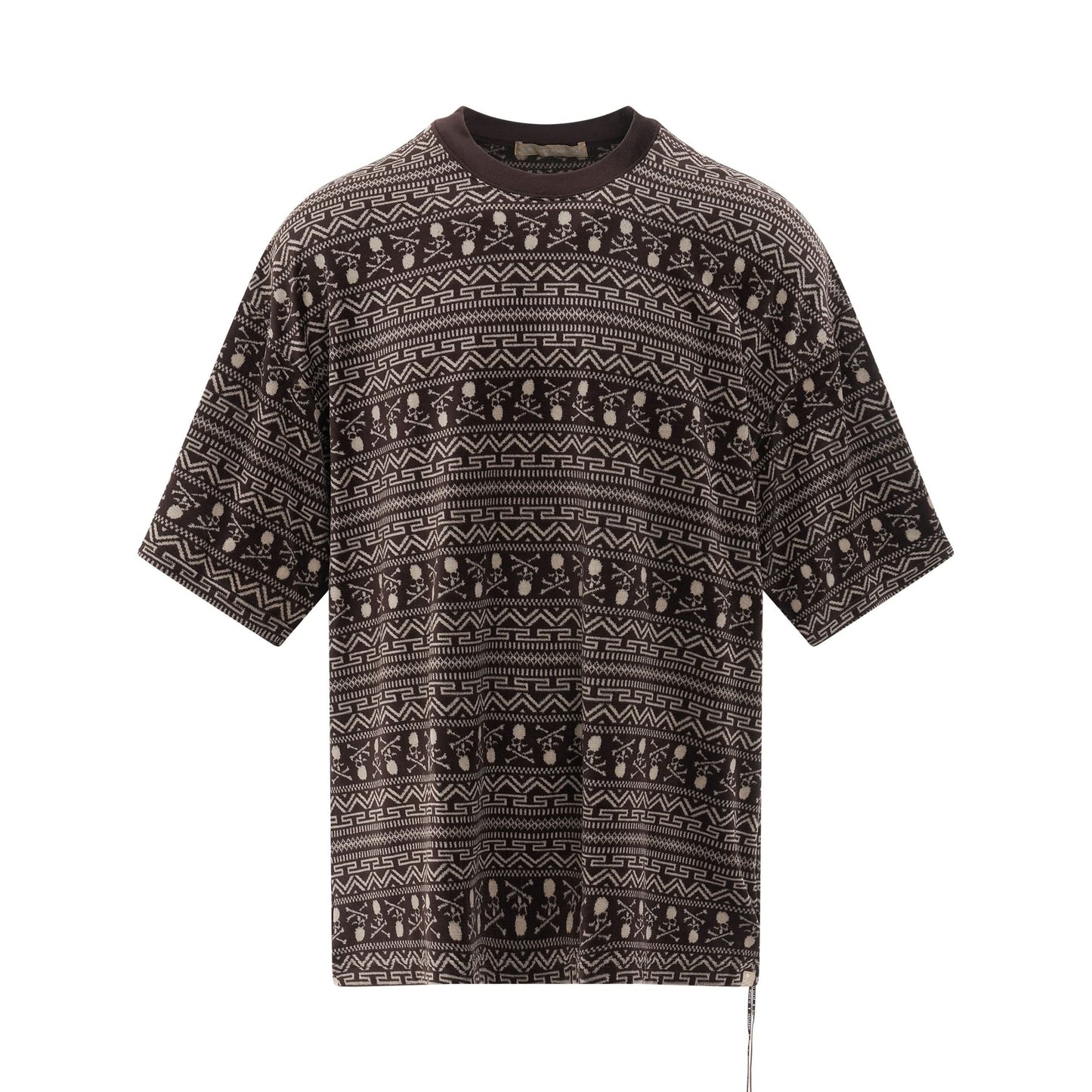 Allover Tribal Skull Velour Boxy Fit T-Shirt in Brown