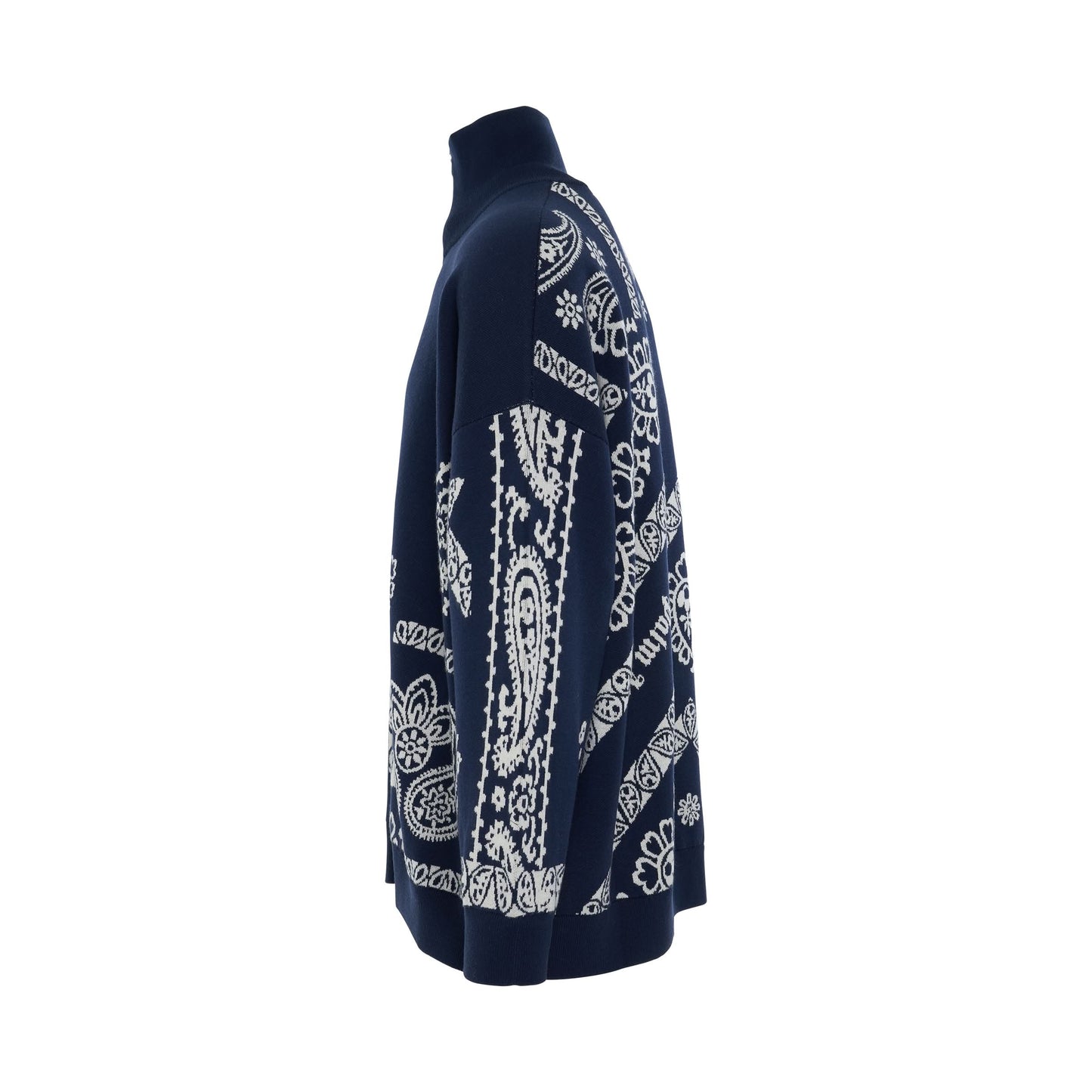 Jacquard Bandana Zipped T-Neck Sweater in Blue