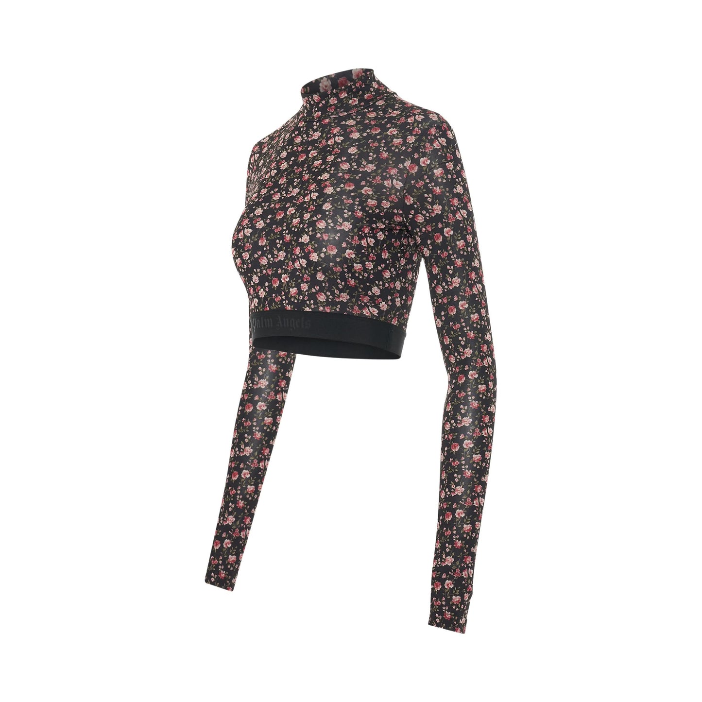 Flowers Mock Neck Logo Top in Black/Pink