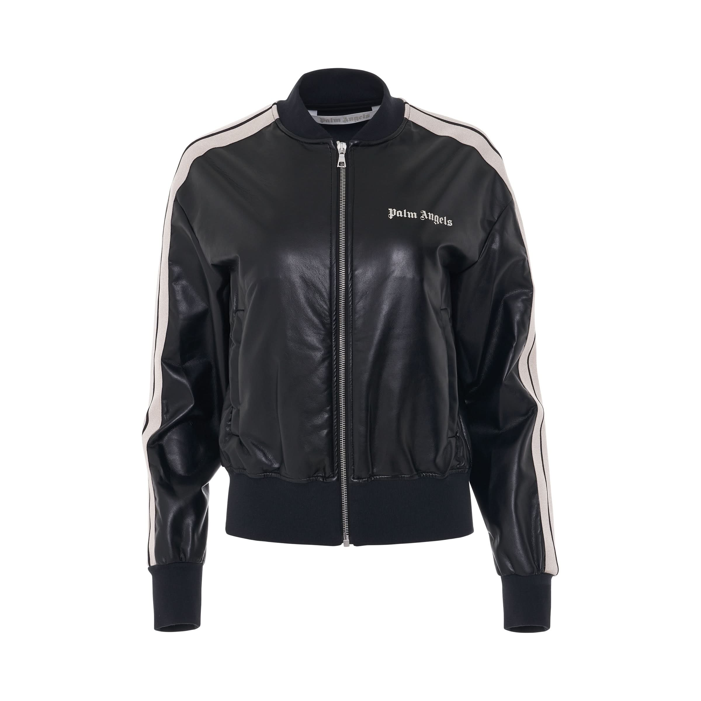 Logo Leather Bomber Track Jacket in Black