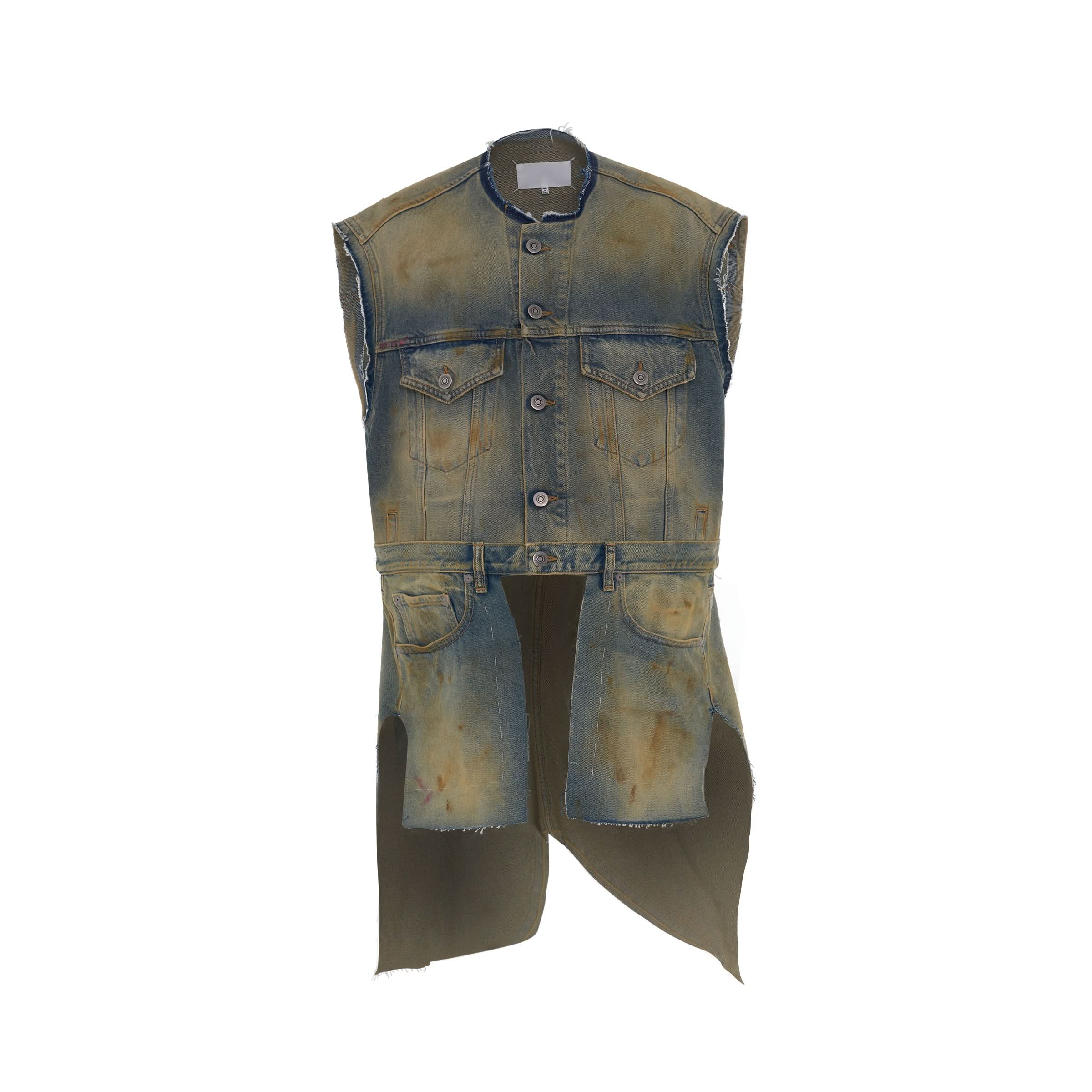 Sleeveless Collarless Denim Jacket in Dirty Denim