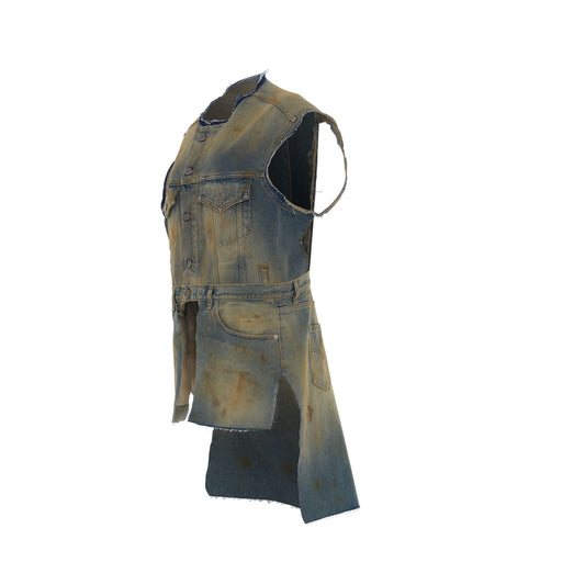 Sleeveless Collarless Denim Jacket in Dirty Denim