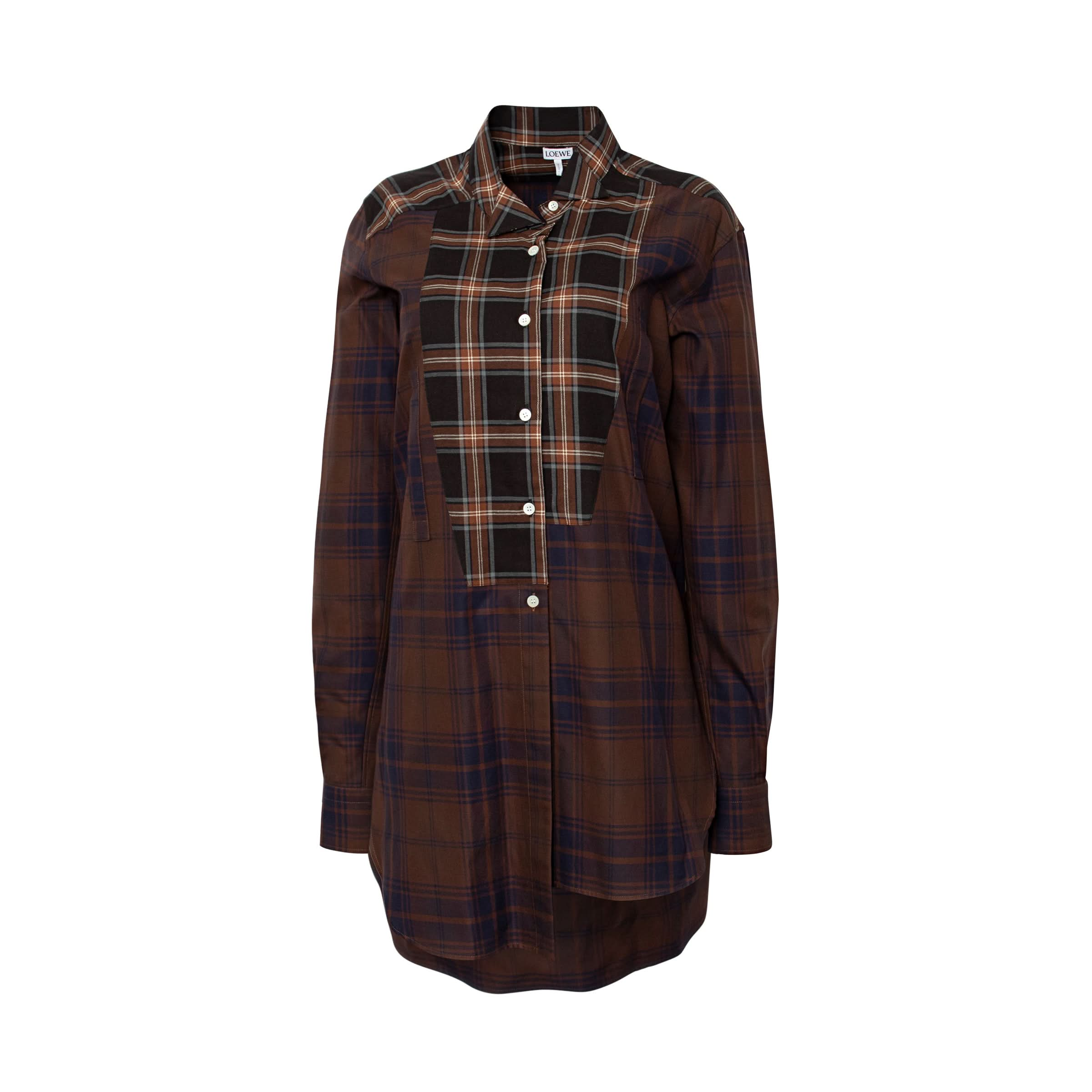 Long Asym Check Patchwork Shirt in Brown