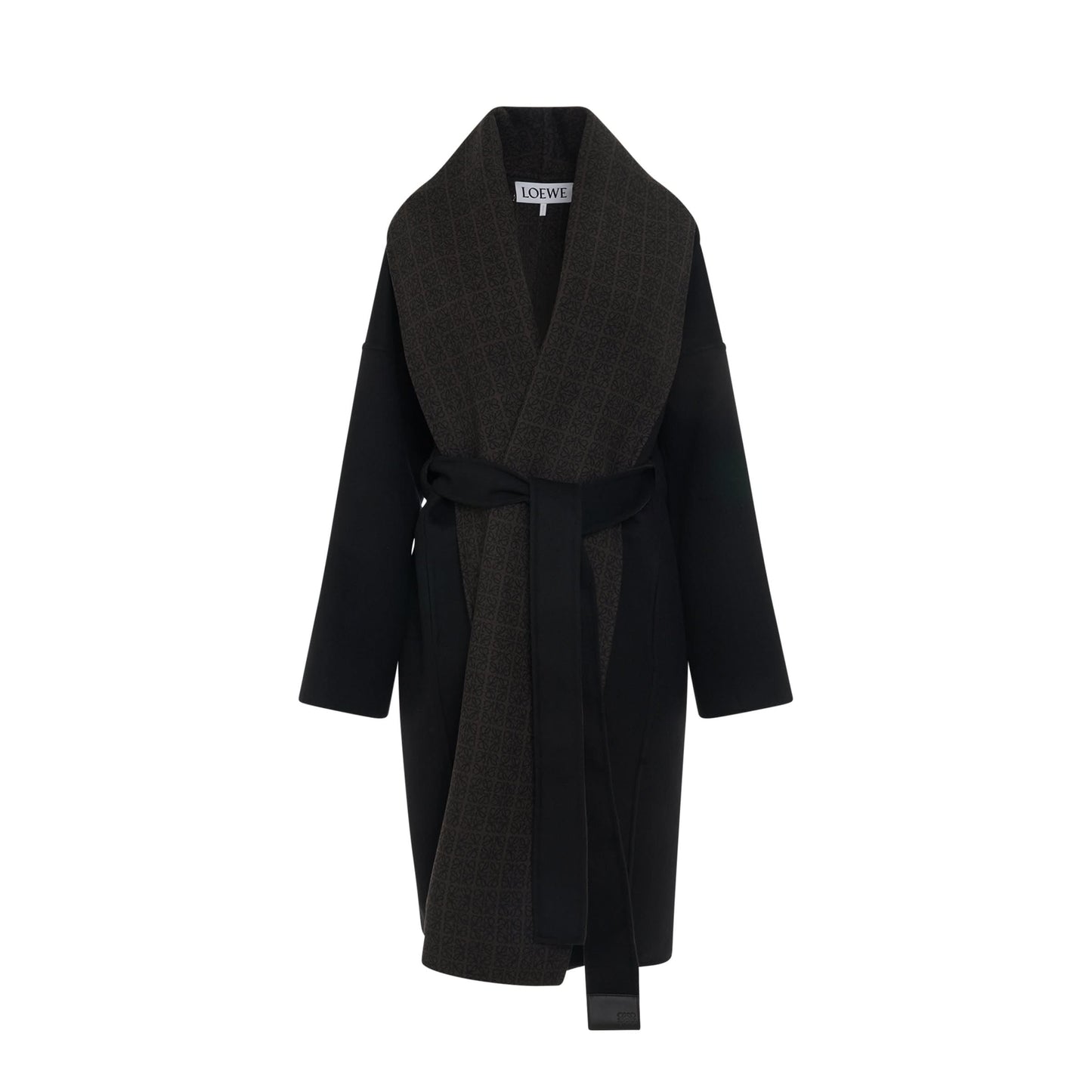 Anagram Jacquard Belted Wool Coat in Black