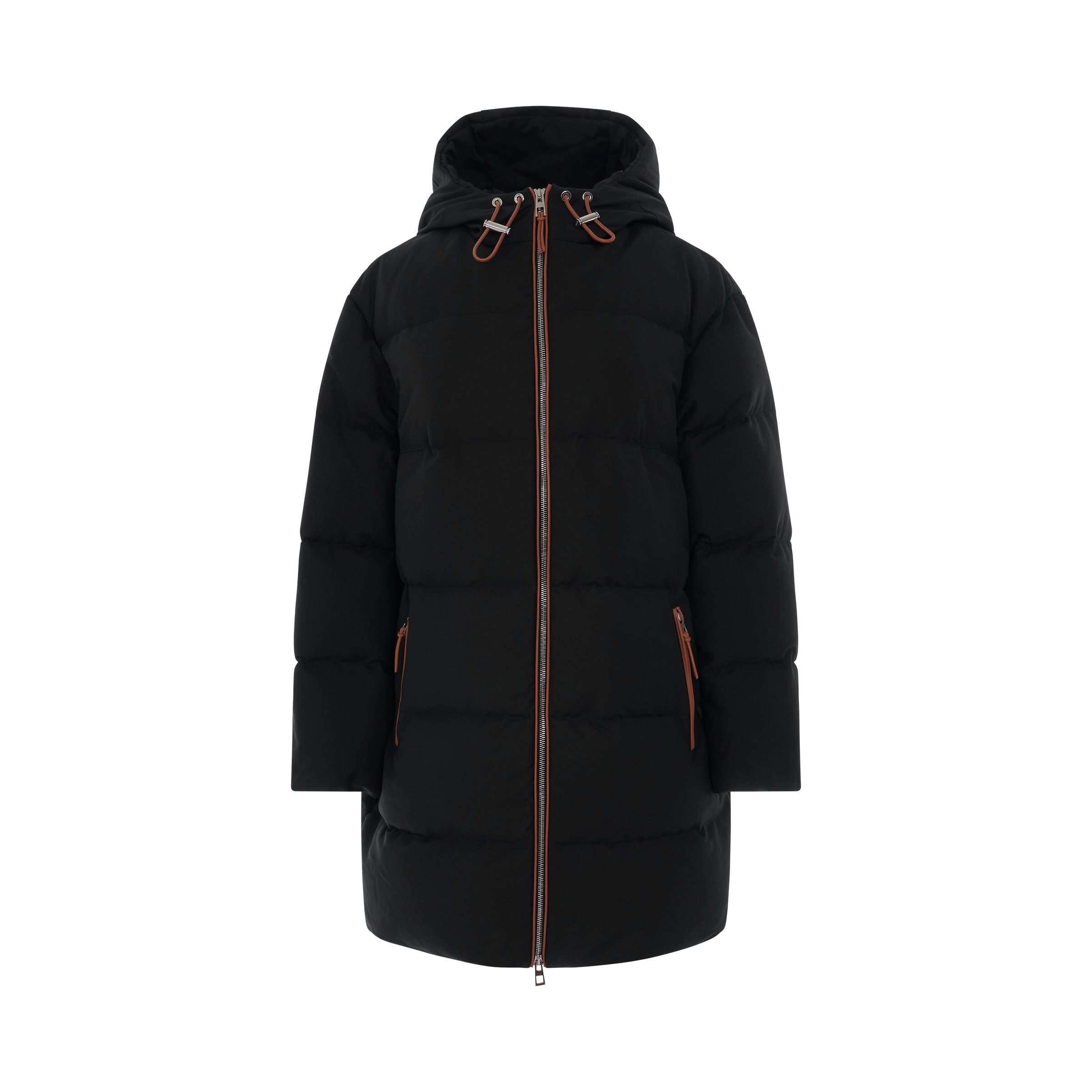 Long Hooded Puffer Jacket in Black