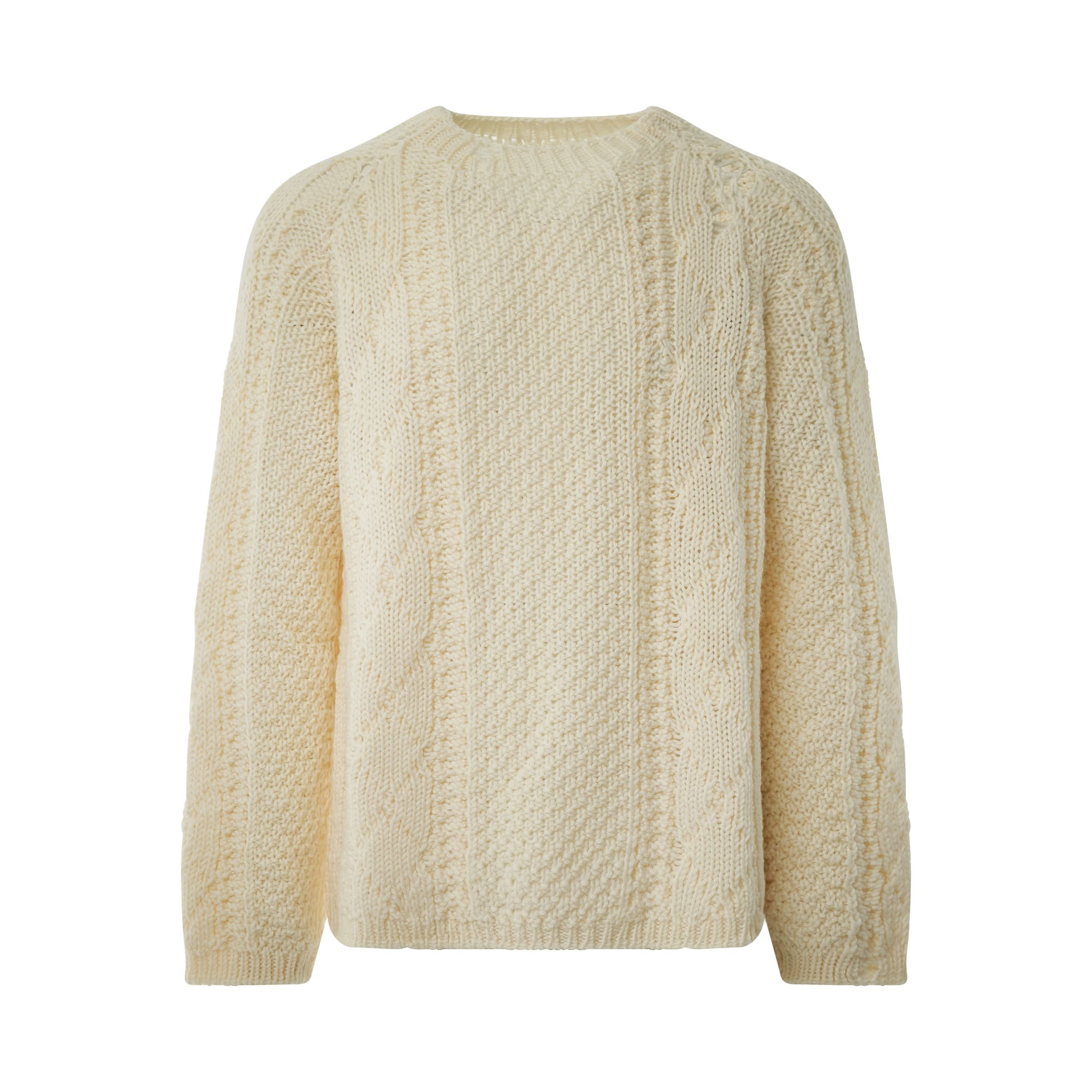 Distressed Panel Knit Sweater in Off White