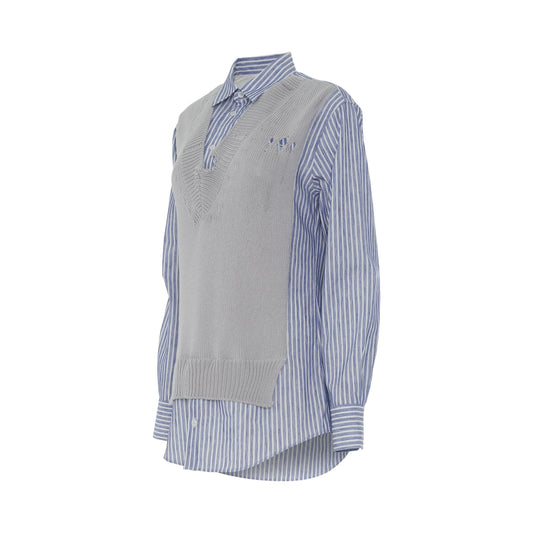 Layered Striped Cotton Shirt with Wool Vest in Blue/Grey