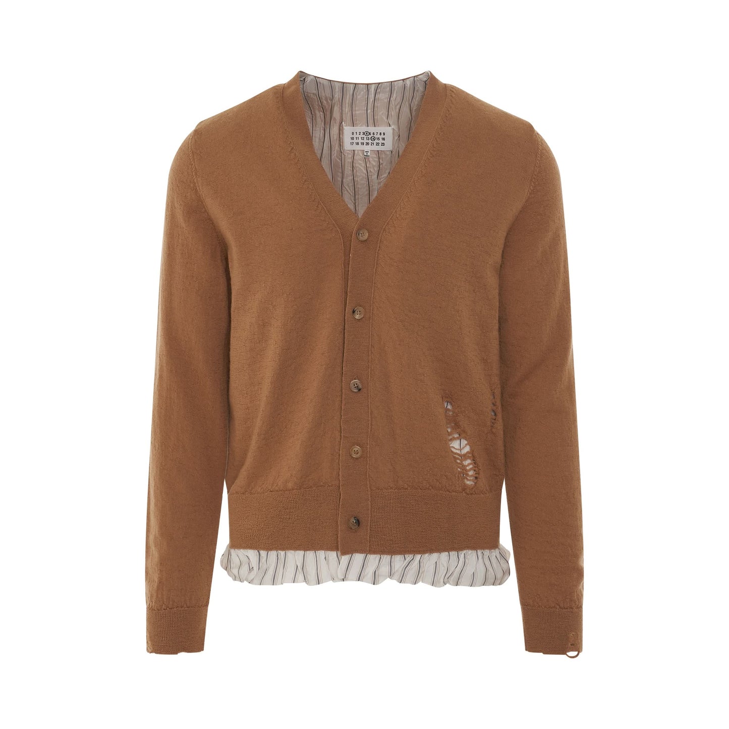 Distressed V-Neck Knit Cardigan in Camel