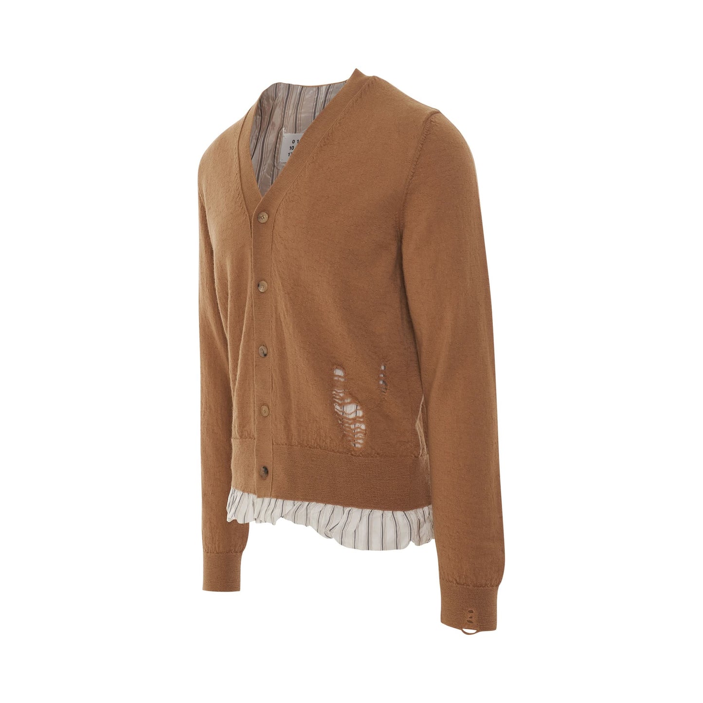 Distressed V-Neck Knit Cardigan in Camel