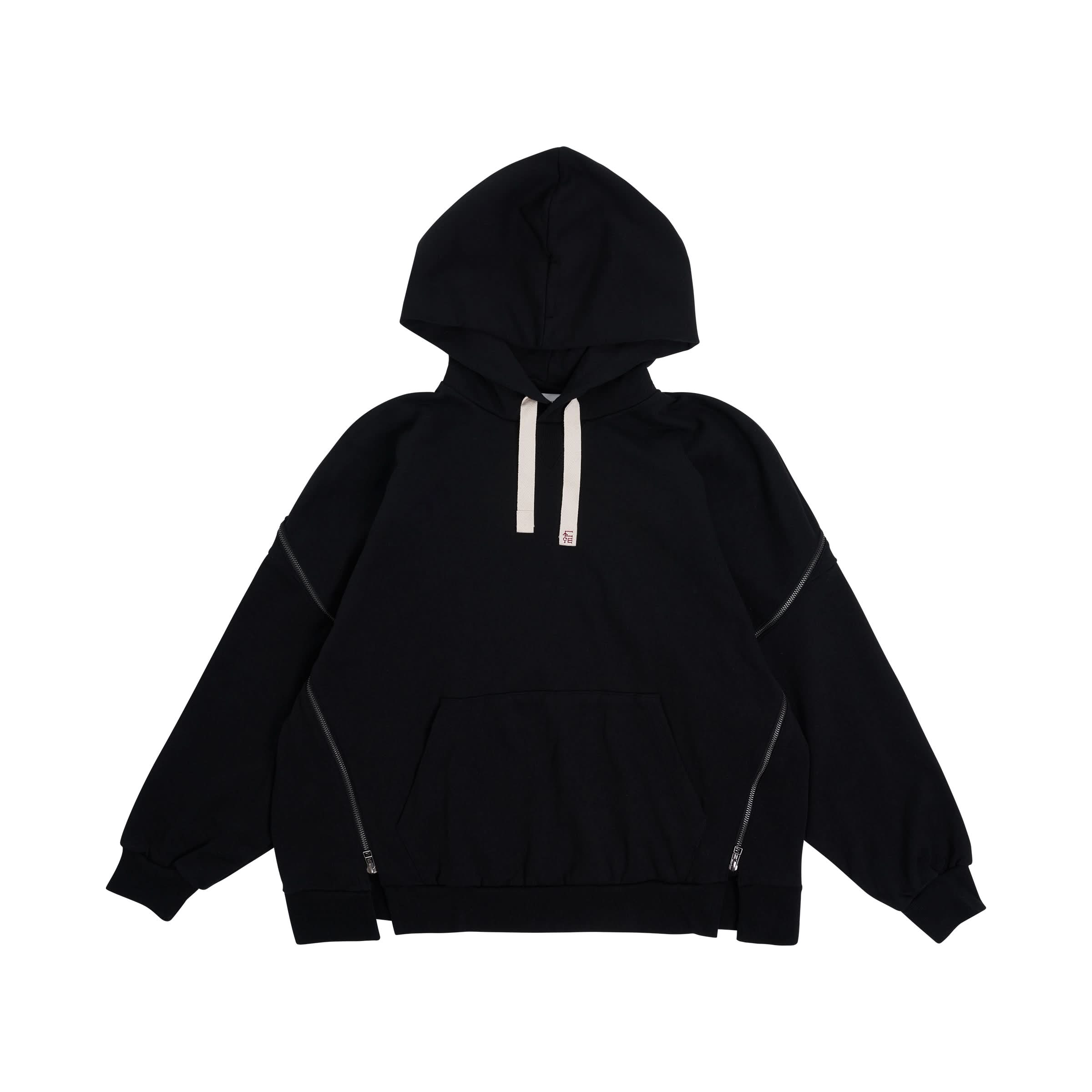 Embroidered Drawstring Zip Hoodie in Black