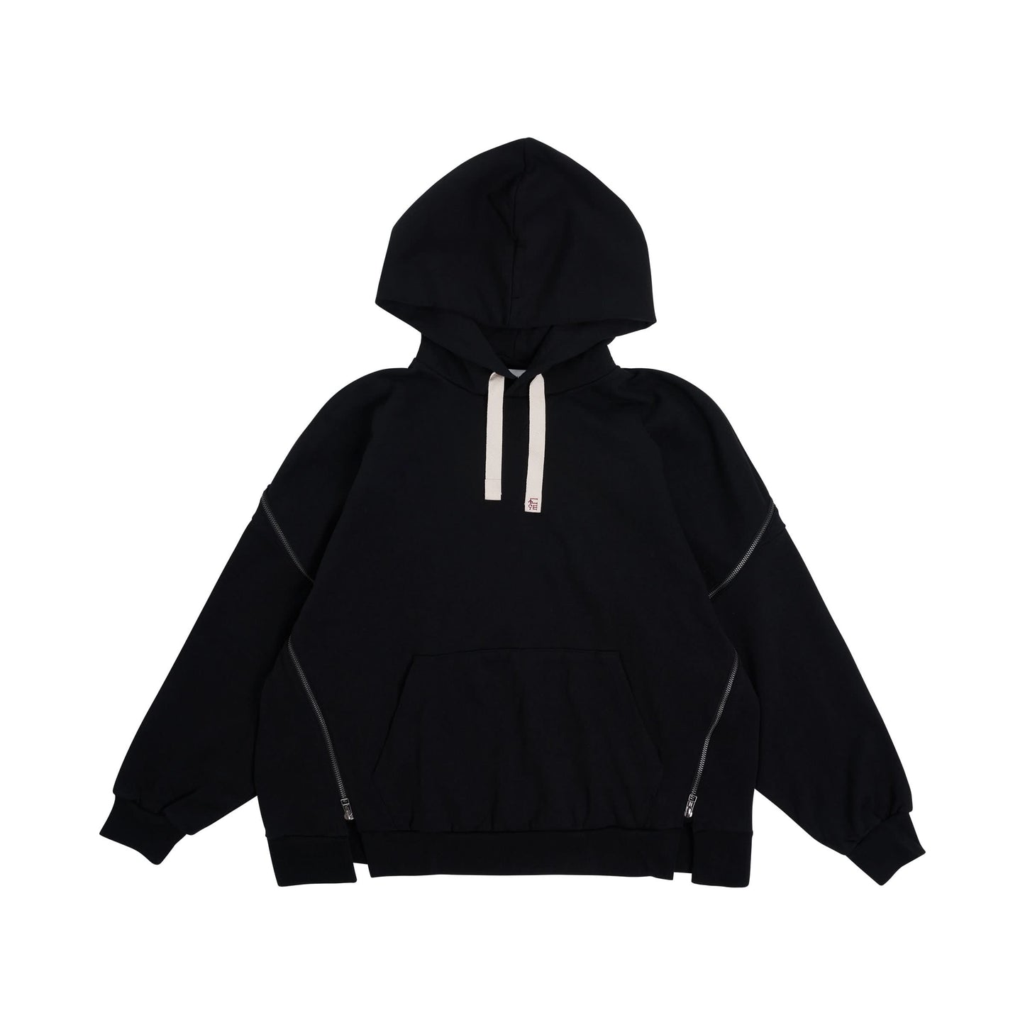 Embroidered Drawstring Zip Hoodie in Black