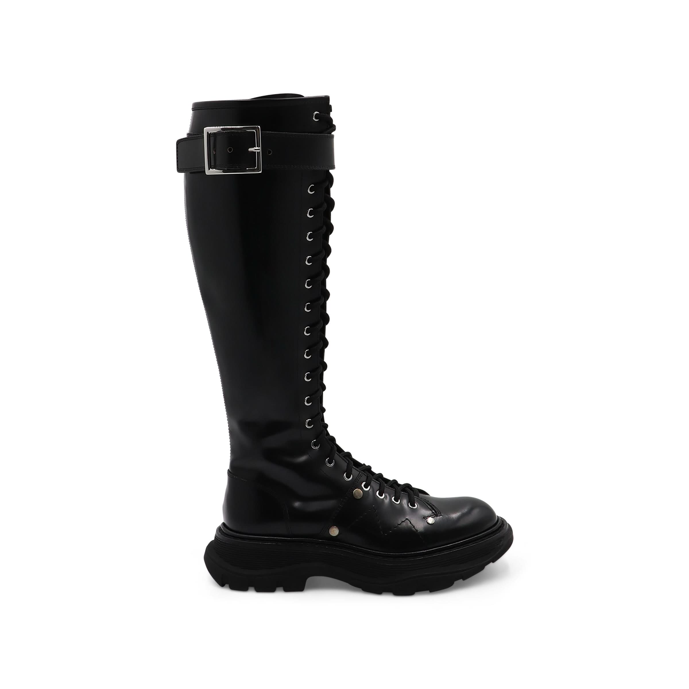 Tread Knee High Lace Up Boots in Black