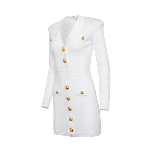 Long Sleeve Buttoned Knit Dress in White