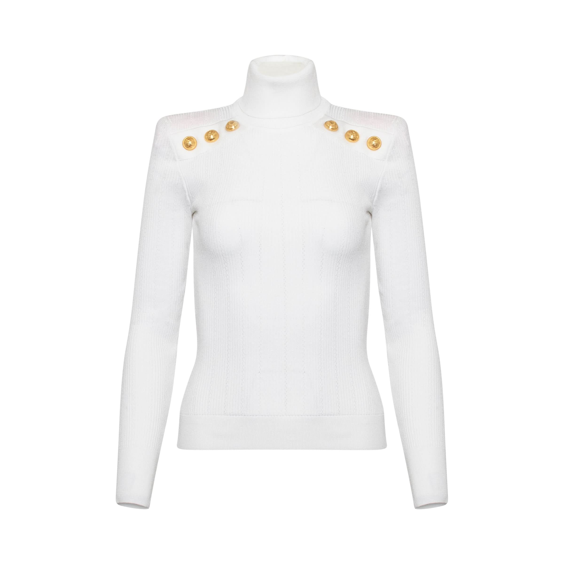 Button Turtleneck Sweater in White