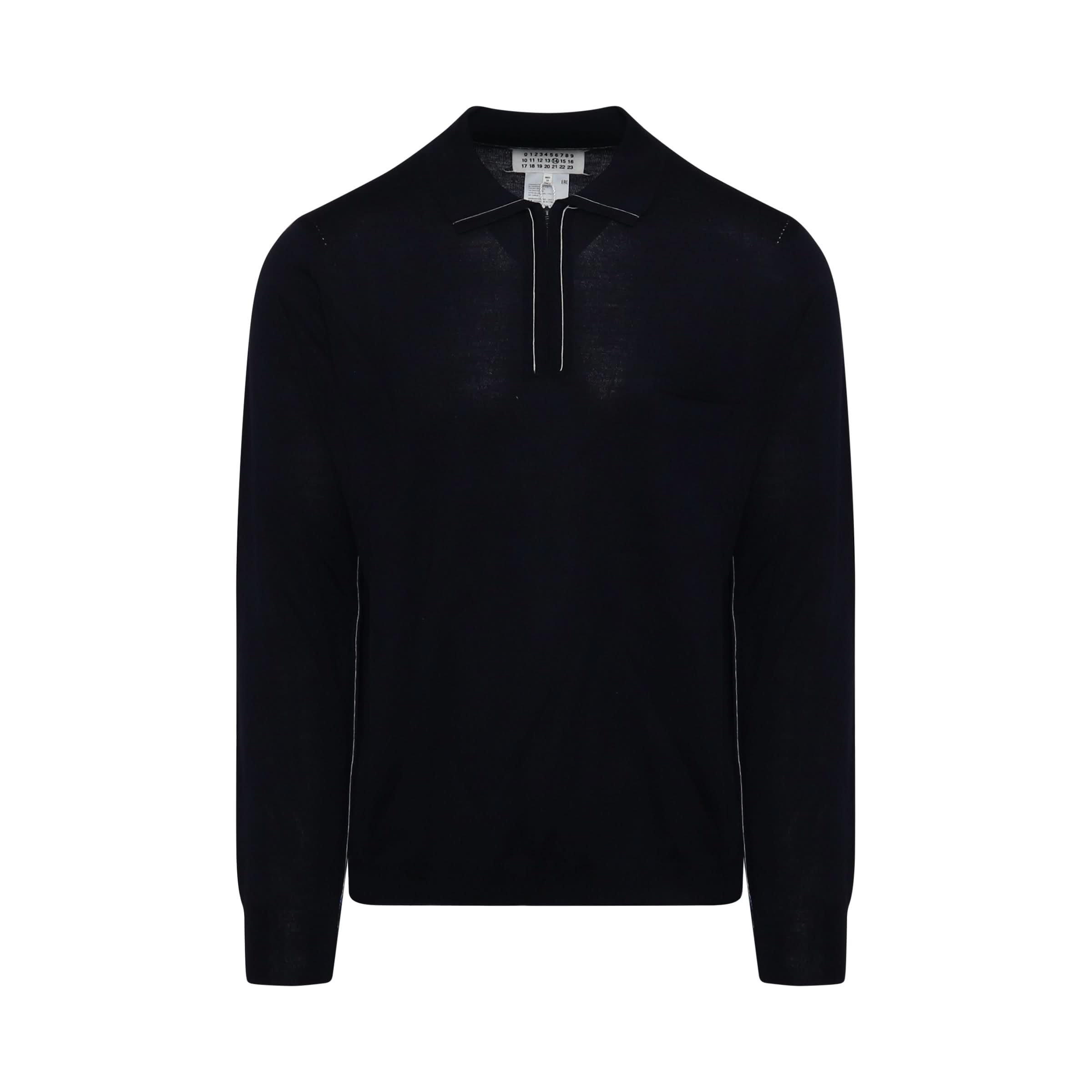 Long Sleeve Knitted Polo Sweater in Navy