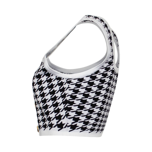 Buttoned Houndstooth Crop Top in White