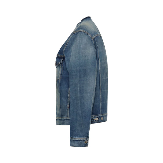 Collarless Denim Jacket in Blue