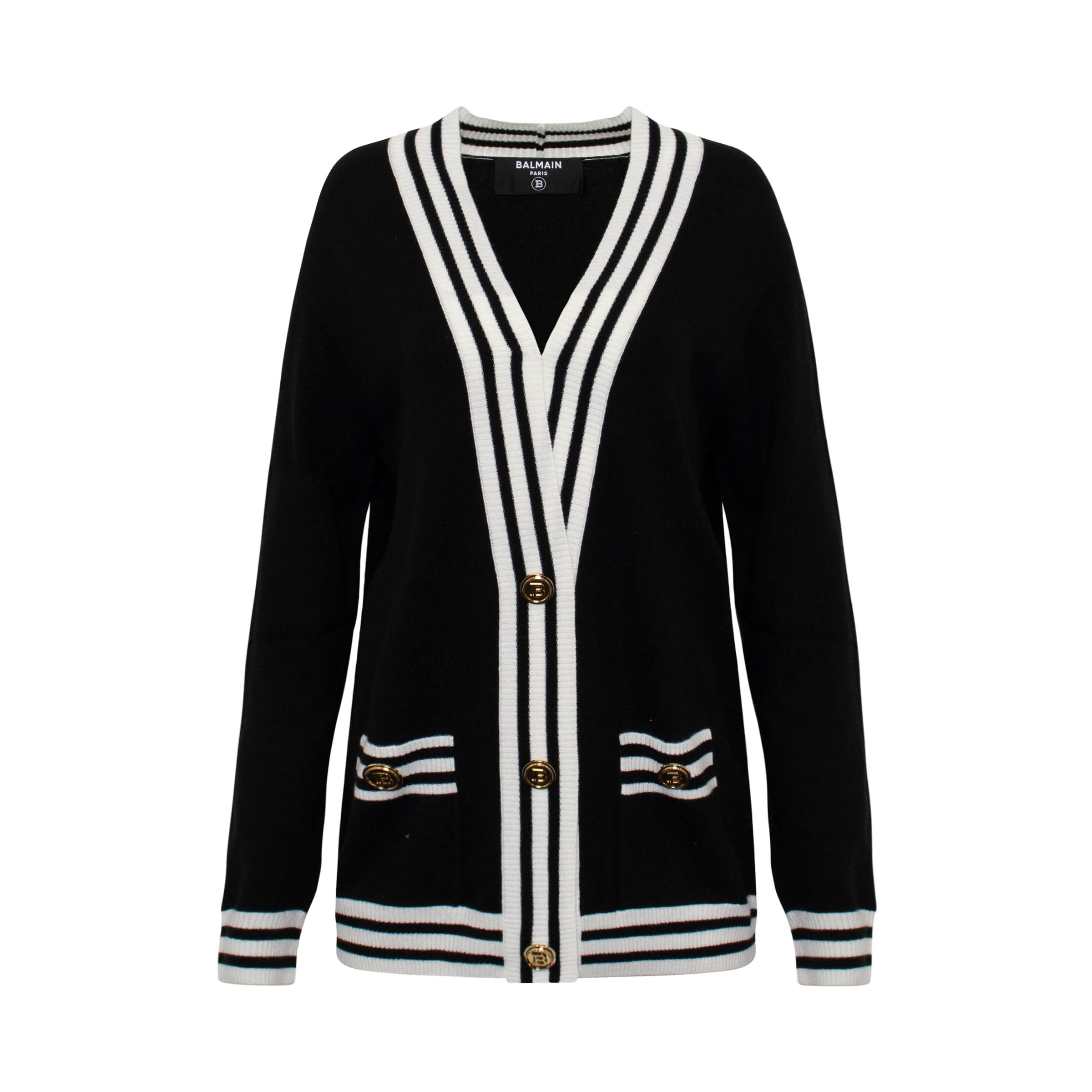 Stripe Trim Logo Cardigan in Black