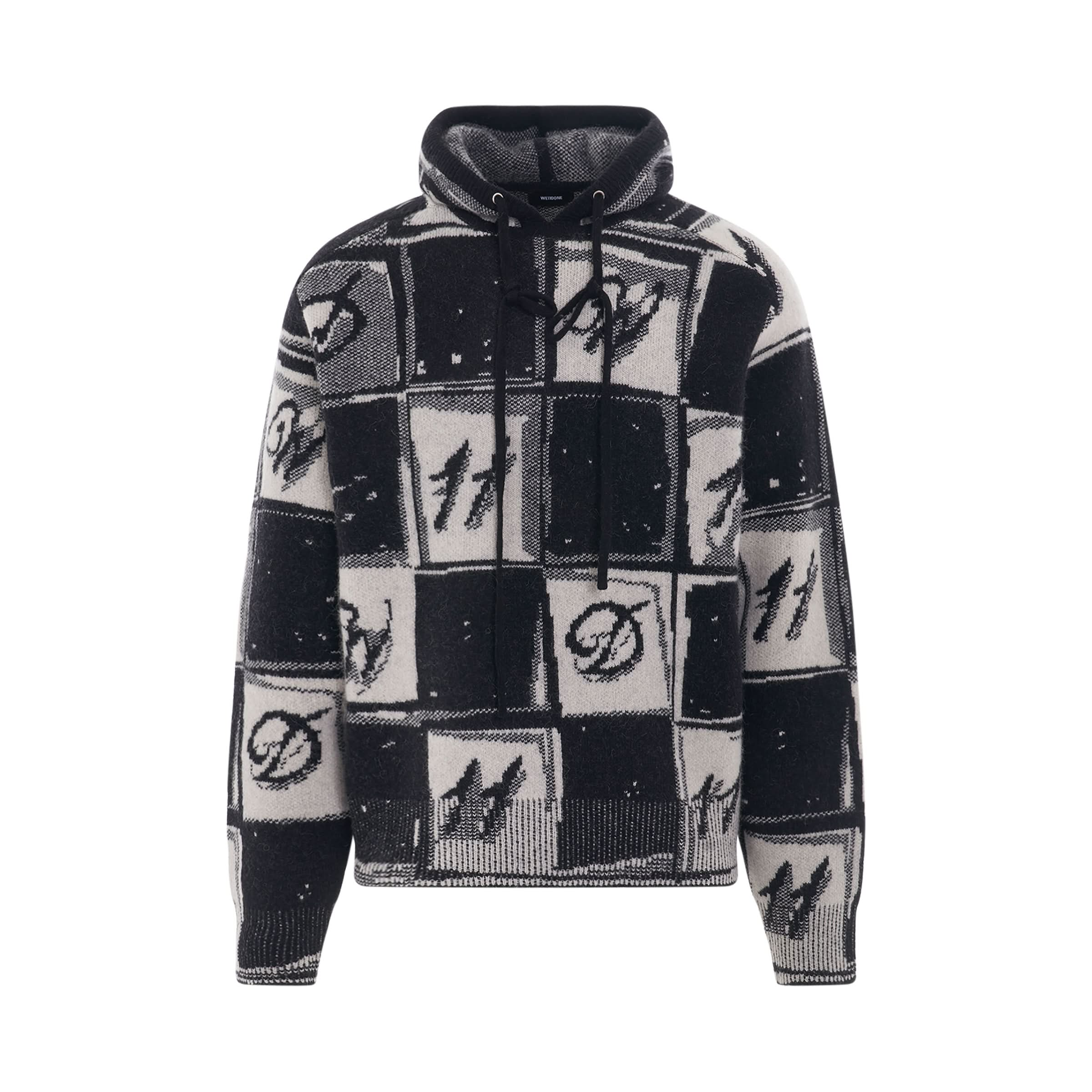 Chess Board Graphic Knit Hoodie in Black