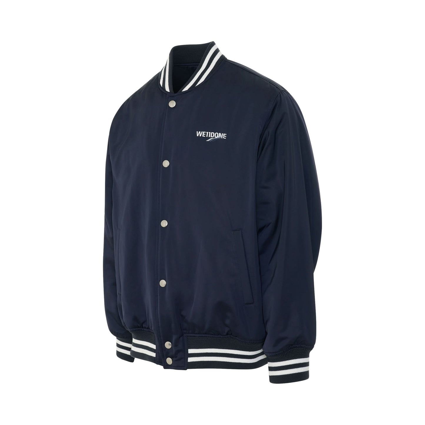 Oversized WD Logo Print Satin Bomber Jacket in Navy