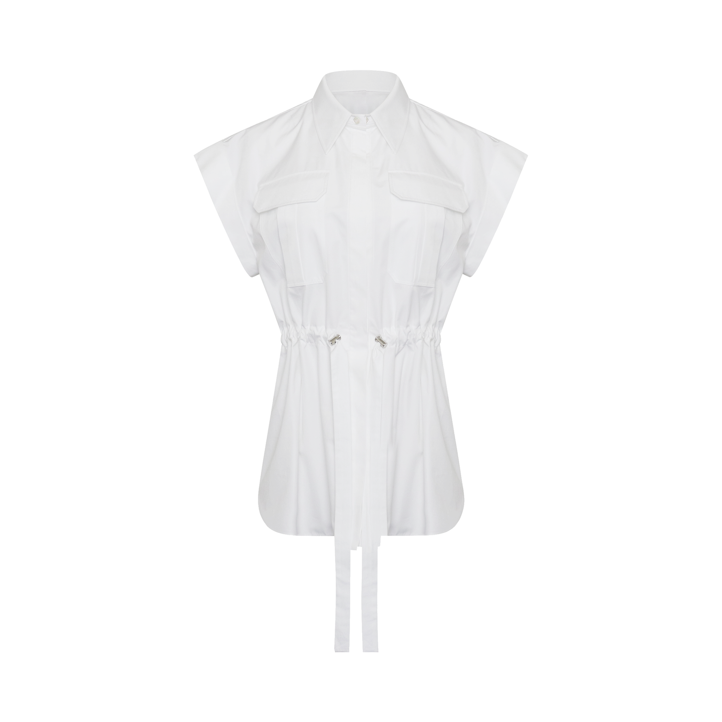 Drawstring Short Rolled Sleeves Shirt in White