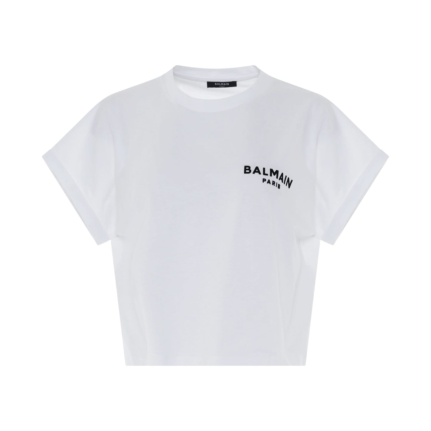 Cropped Short Sleeve Logo Flock Detail T-Shirt in White/Black