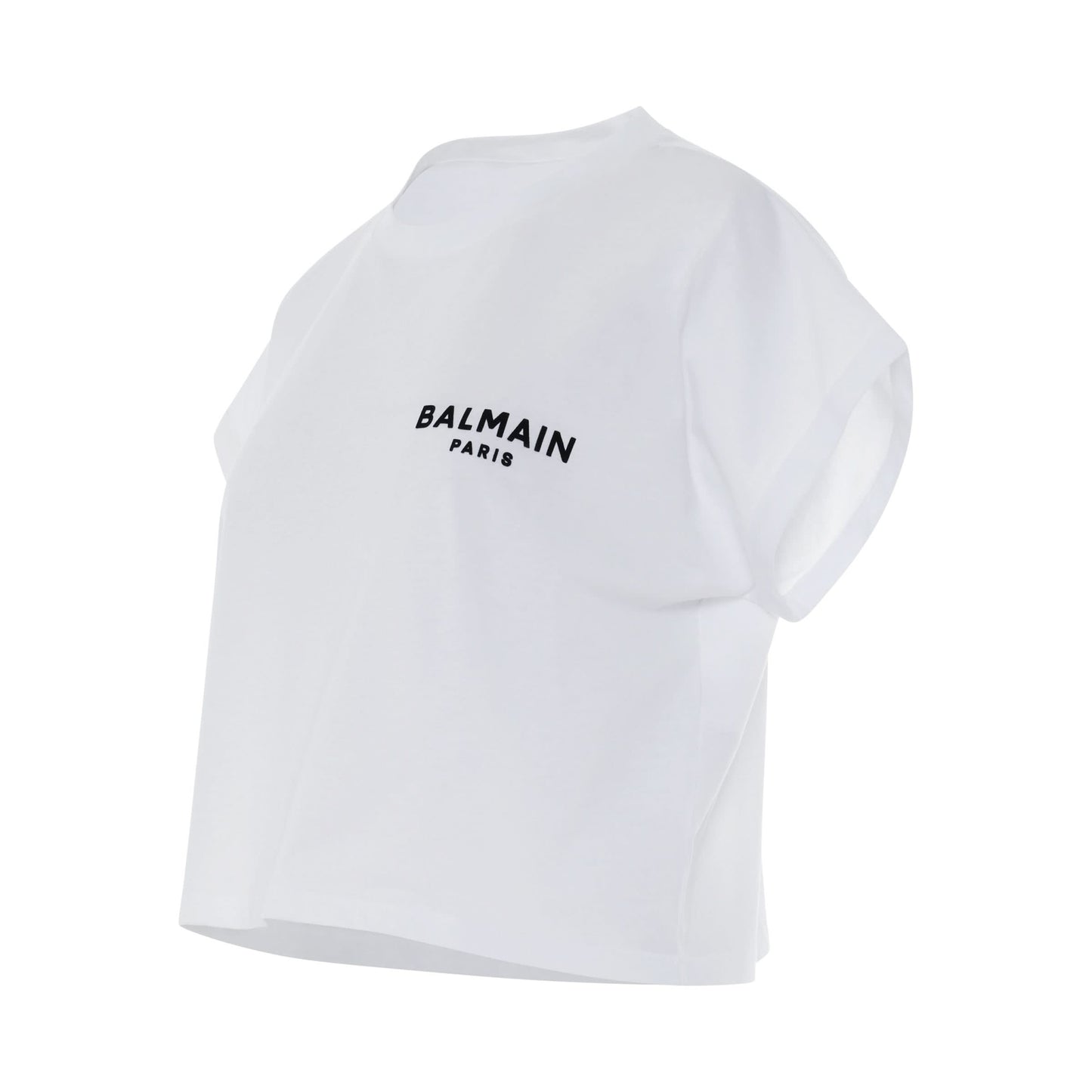 Cropped Short Sleeve Logo Flock Detail T-Shirt in White/Black