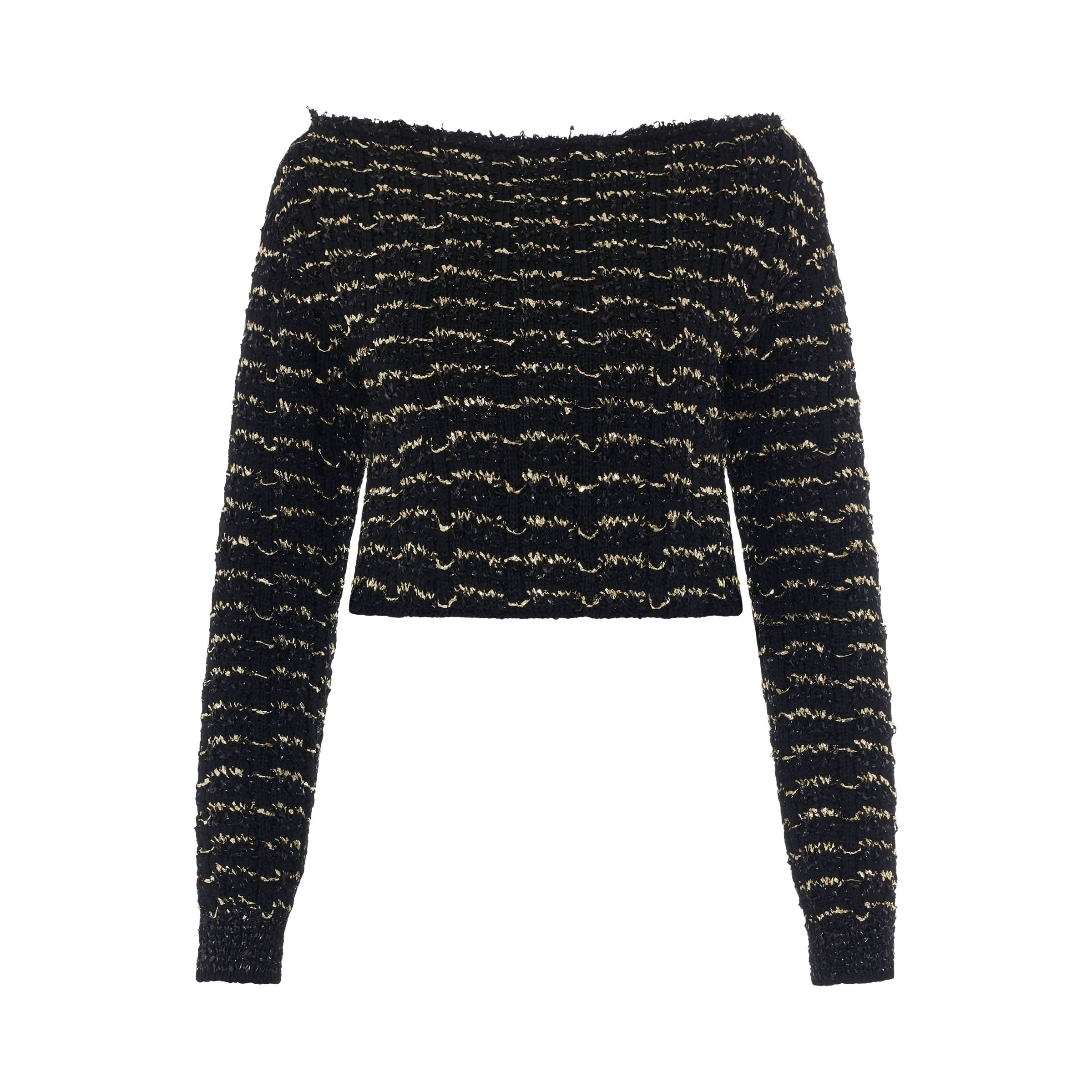 Off Shoulder Cropped Striped Tweed Sweater in Black/Gold