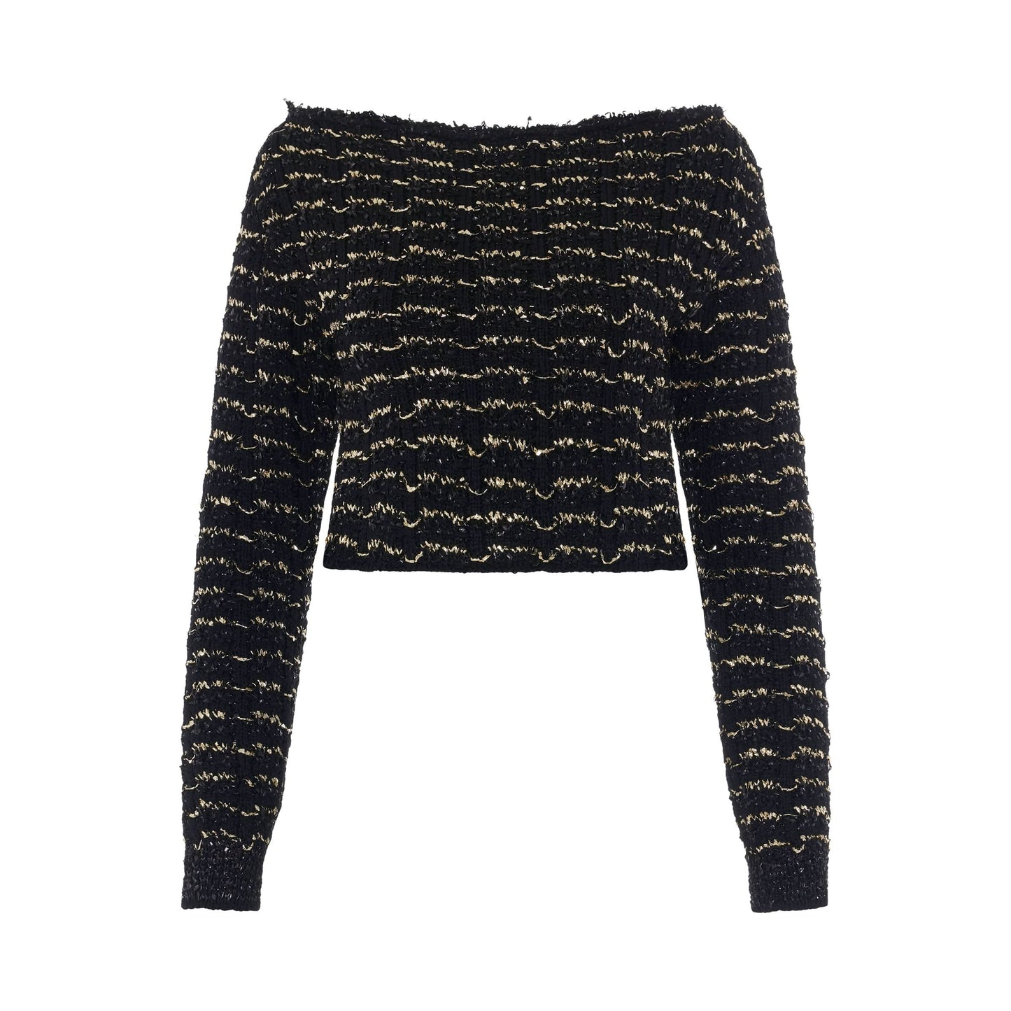 Off Shoulder Cropped Striped Tweed Sweater in Black/Gold