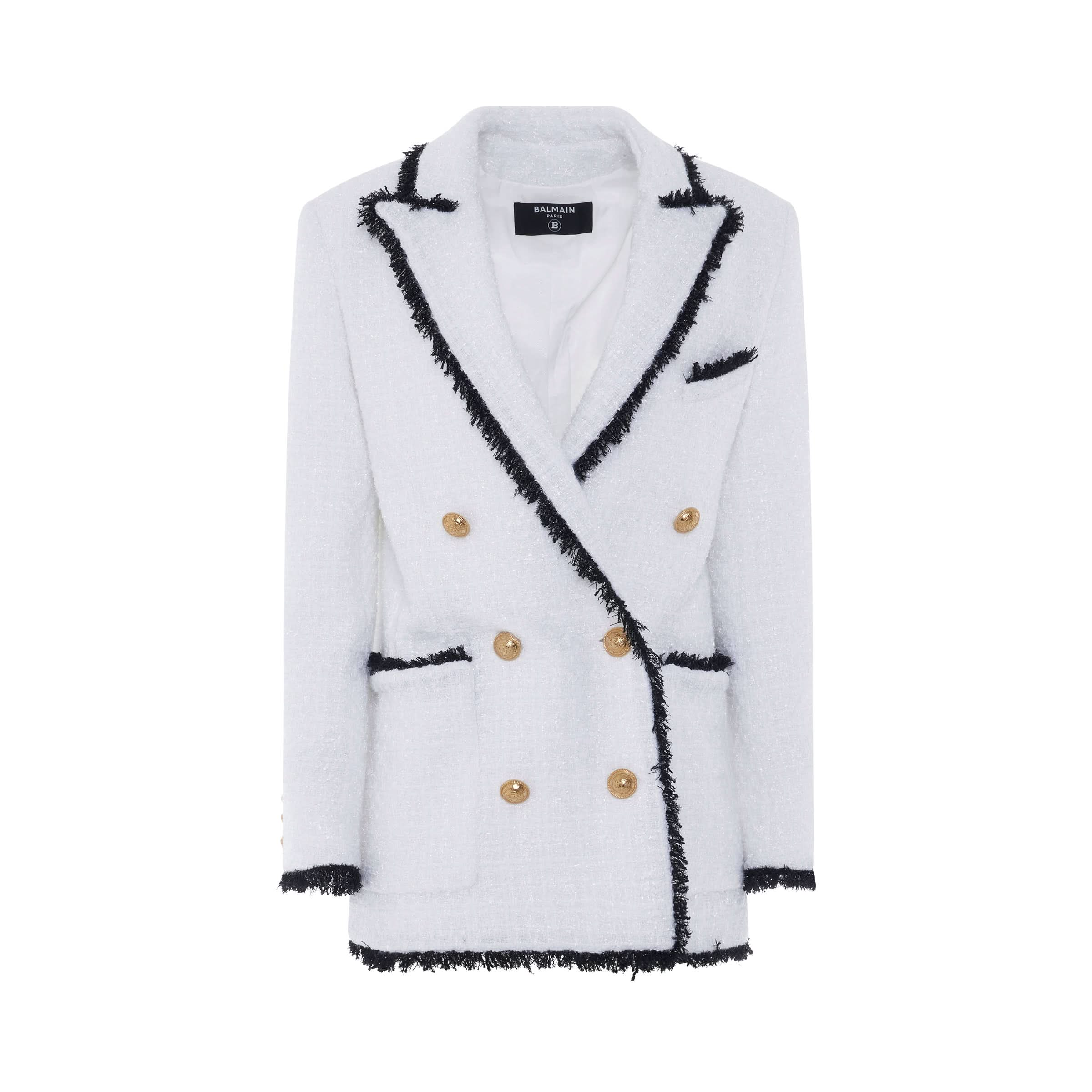 6 Button Fringed Tweed Blazer in White/Black