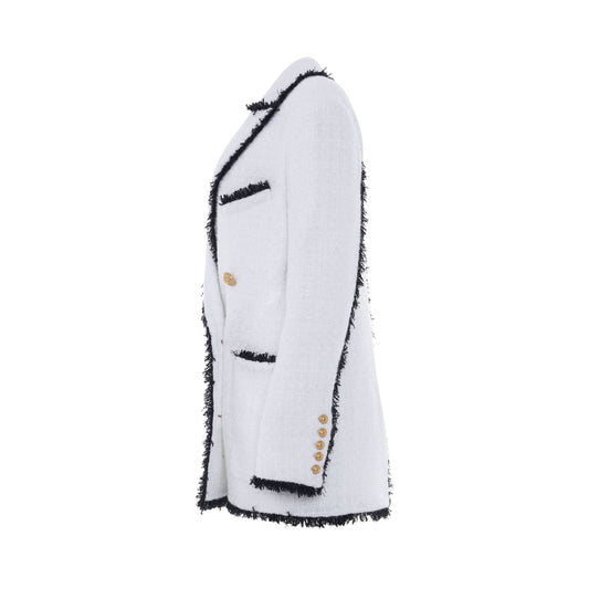 6 Button Fringed Tweed Blazer in White/Black