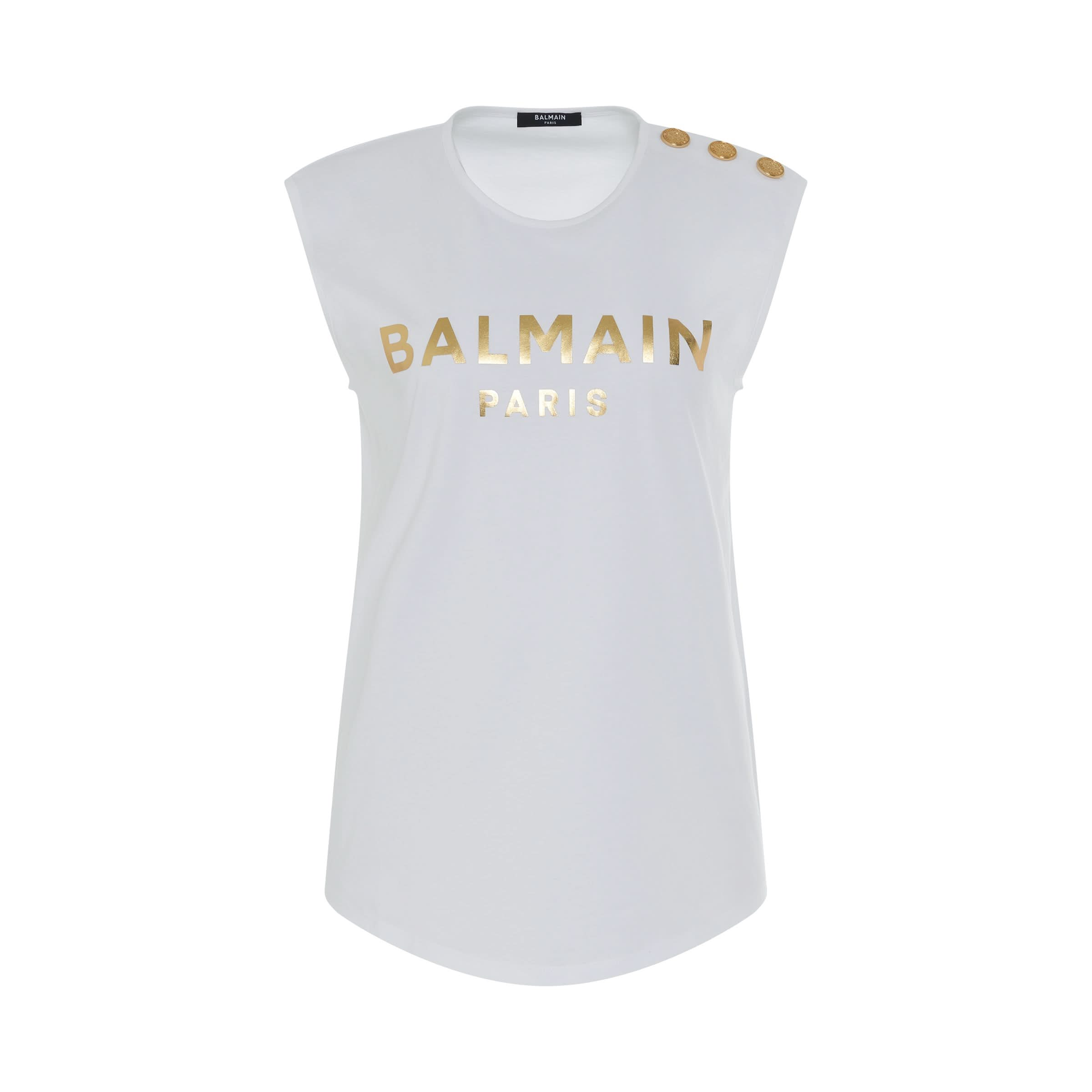 3 Button Metallic Logo  Tank Top in White/Gold