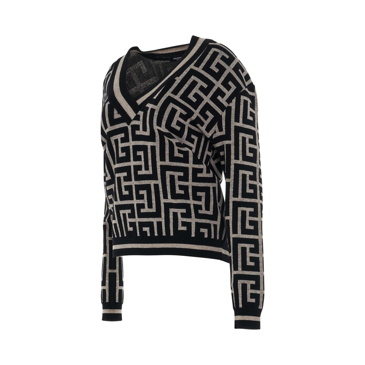 Maxi Monogram V Neck Knit Pullover in Ivory/Black