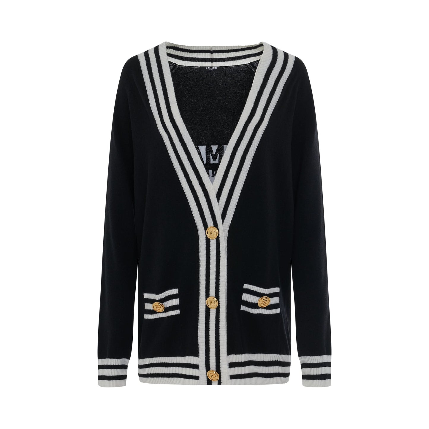 Buttoned Logo Long Sleeve Cardigan in Black/White