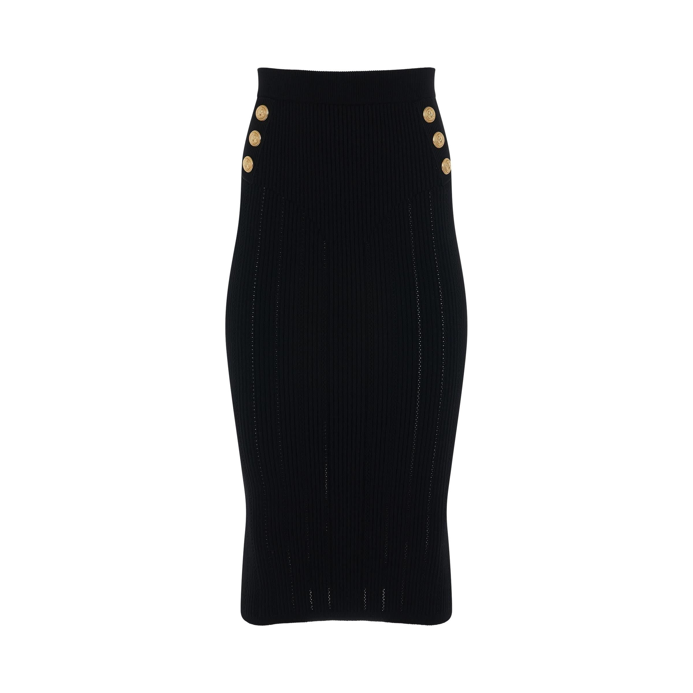 High Waisted 6 Button Knitted Midi Skirt in Black