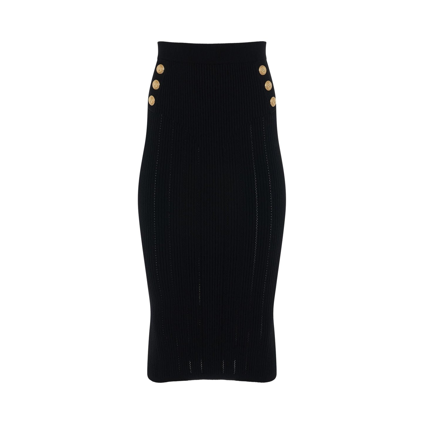 High Waisted 6 Button Knitted Midi Skirt in Black