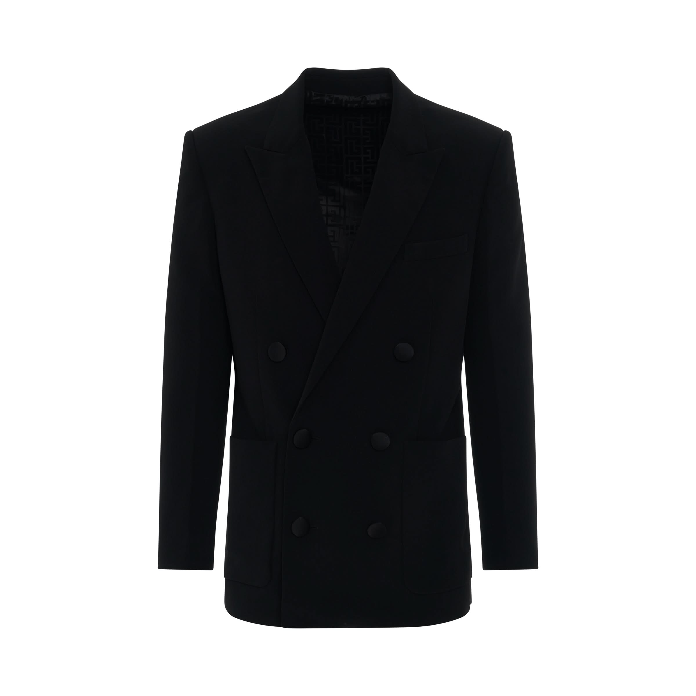 Double Breasted Crepe Blazer with Monogram Lining in Black