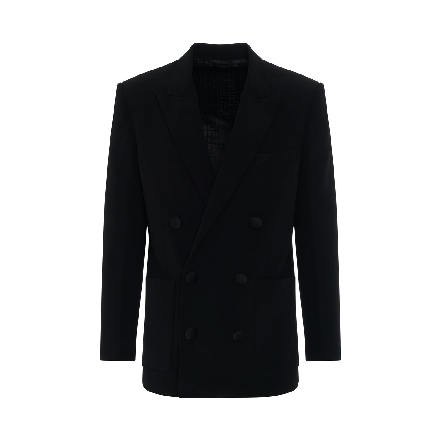 Double Breasted Crepe Blazer with Monogram Lining in Black