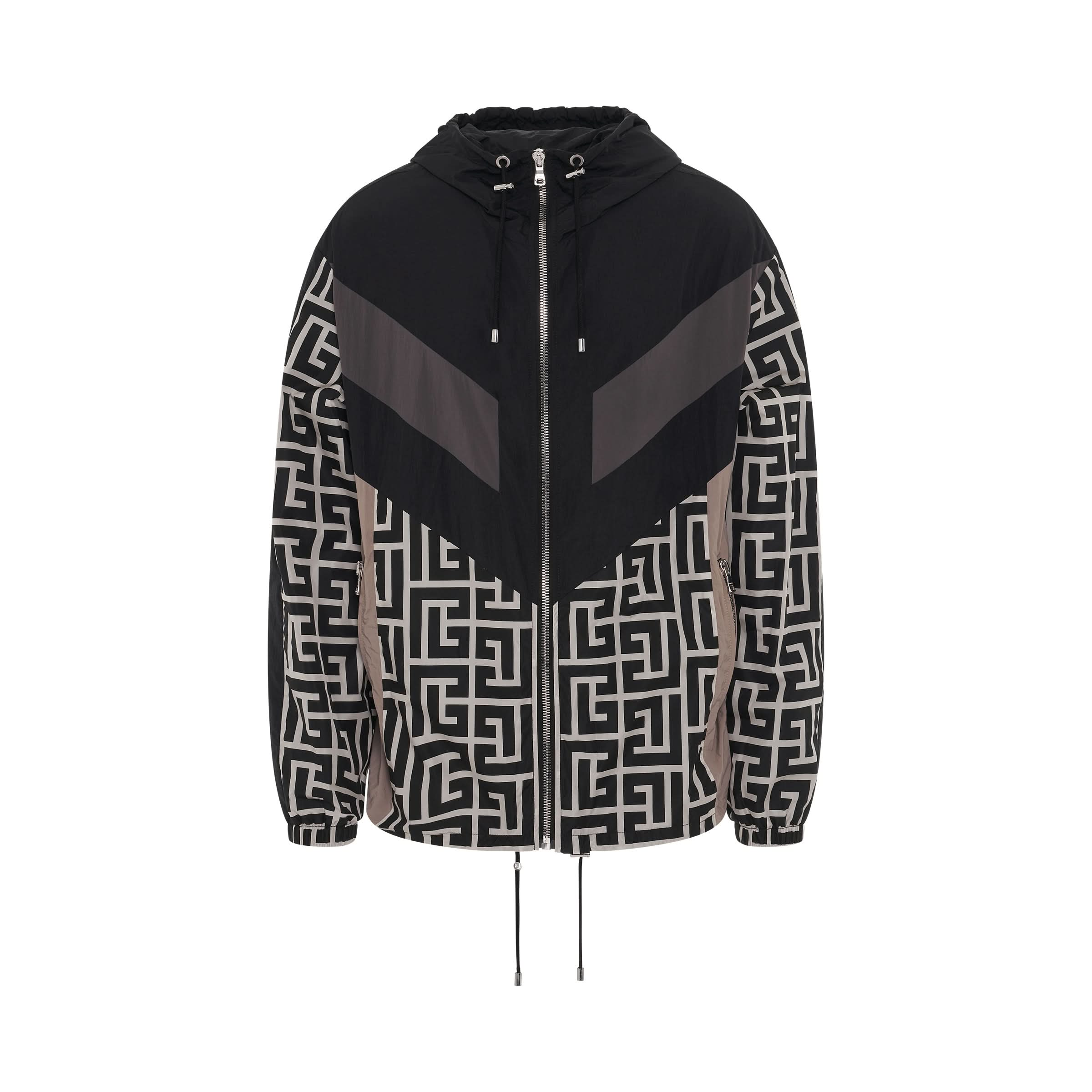 Hooded Multi-Cuts Nylon Track Jacket in Ivory/Black