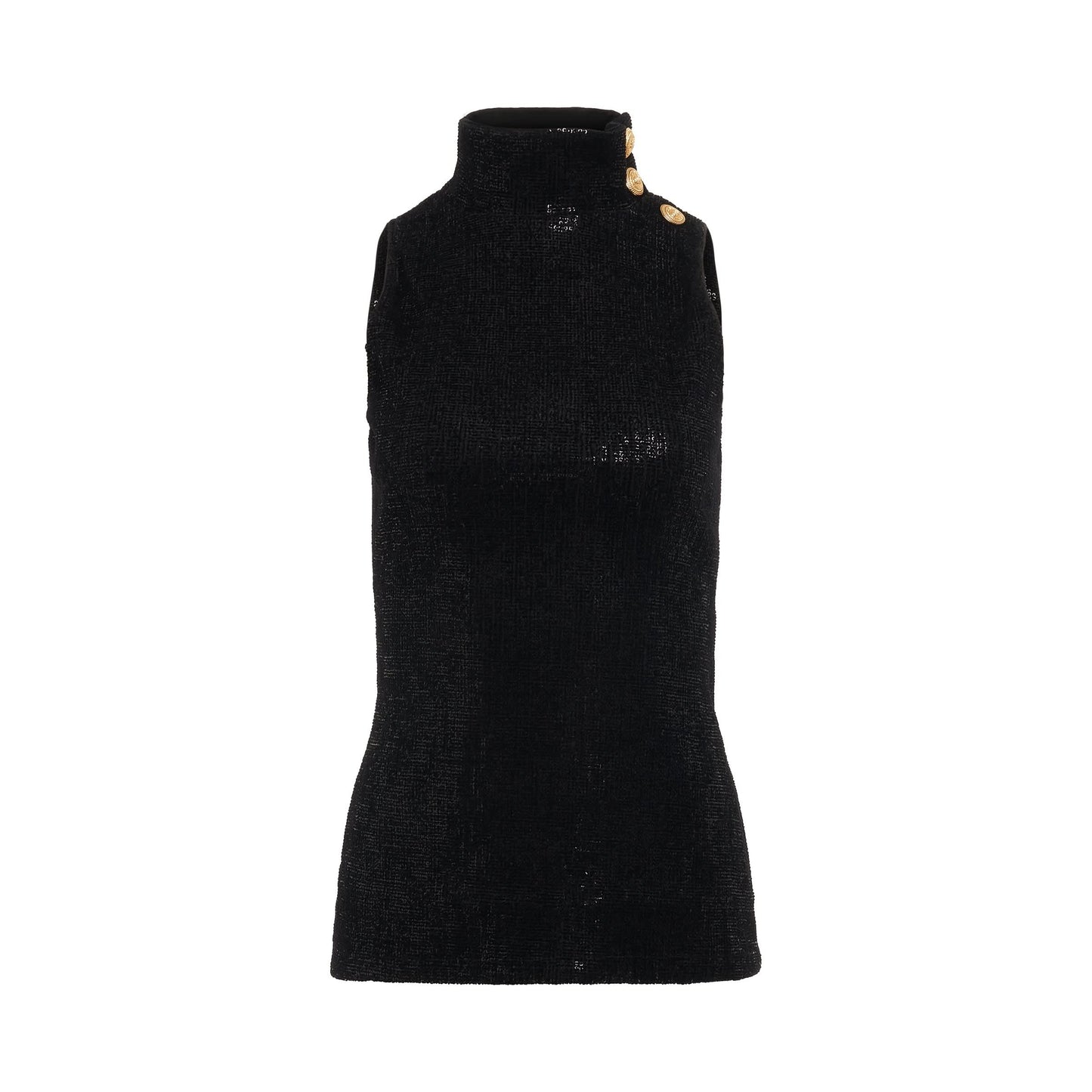 3 Button Sleeveless High Neck Sequin Top in Black