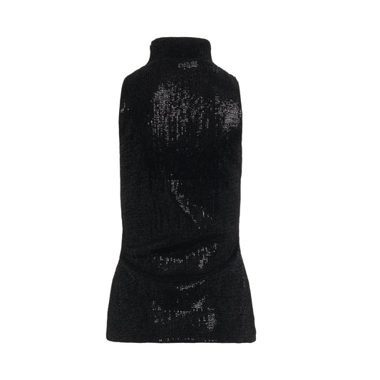 3 Button Sleeveless High Neck Sequin Top in Black