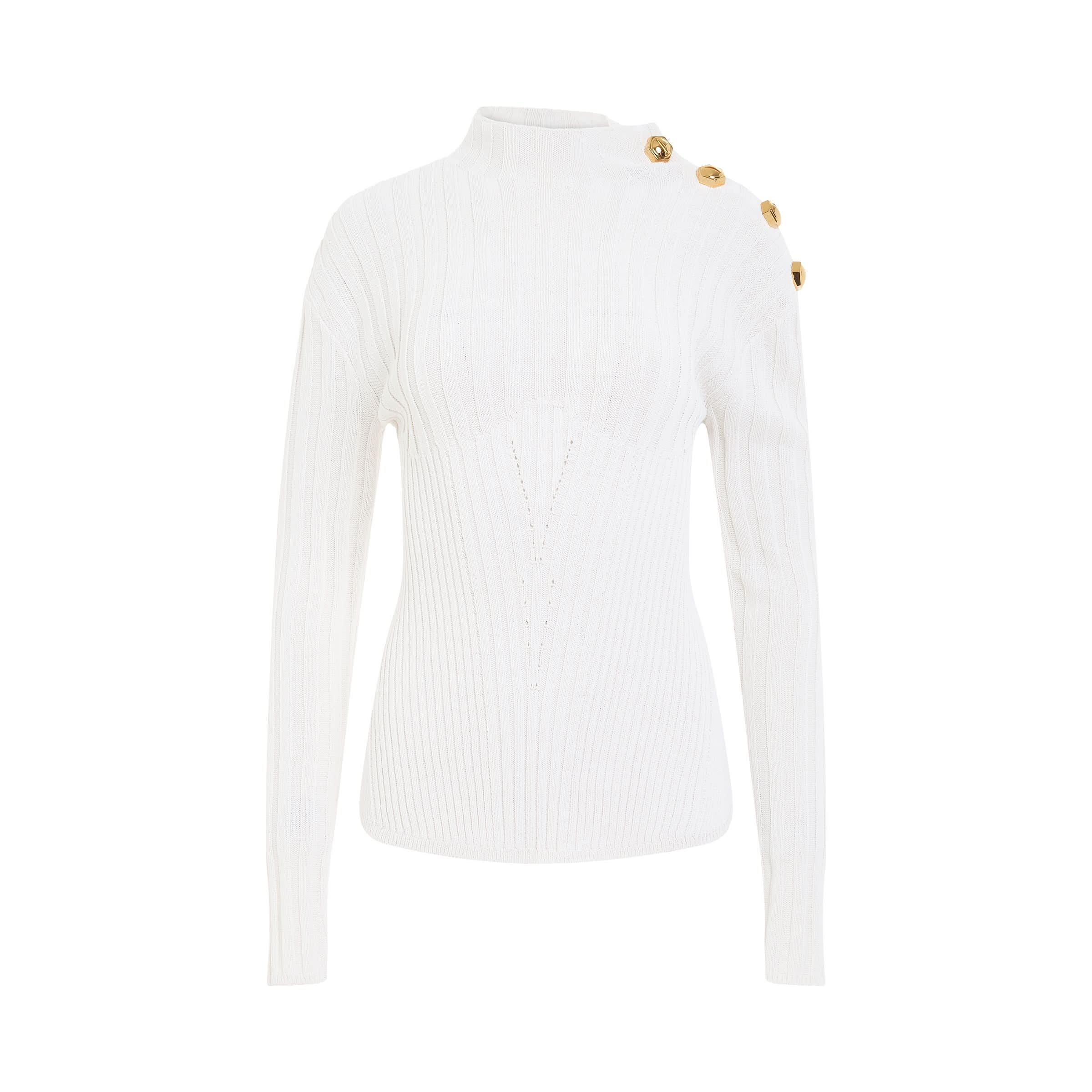 4 Button Wool Knit Pullover in White