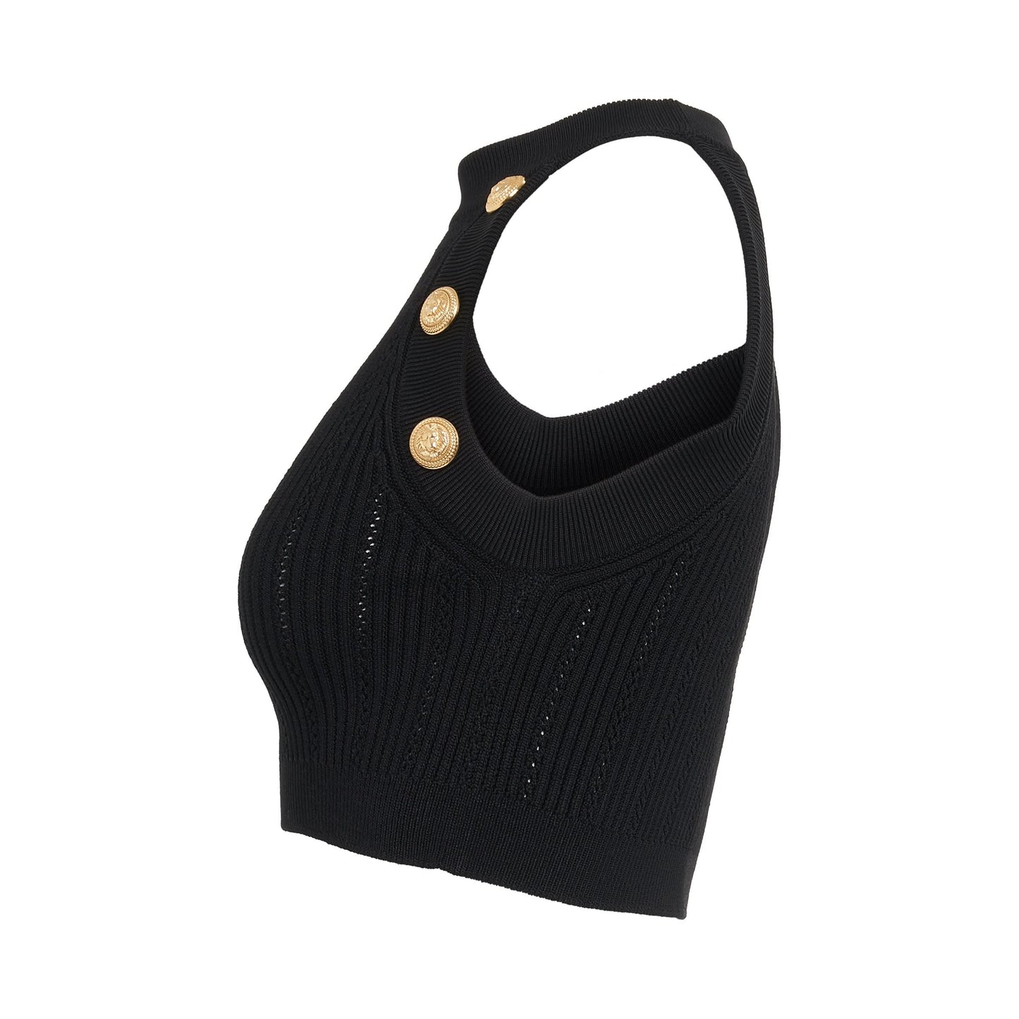 Sleeveless 6 Button Knit Crop Top in Black