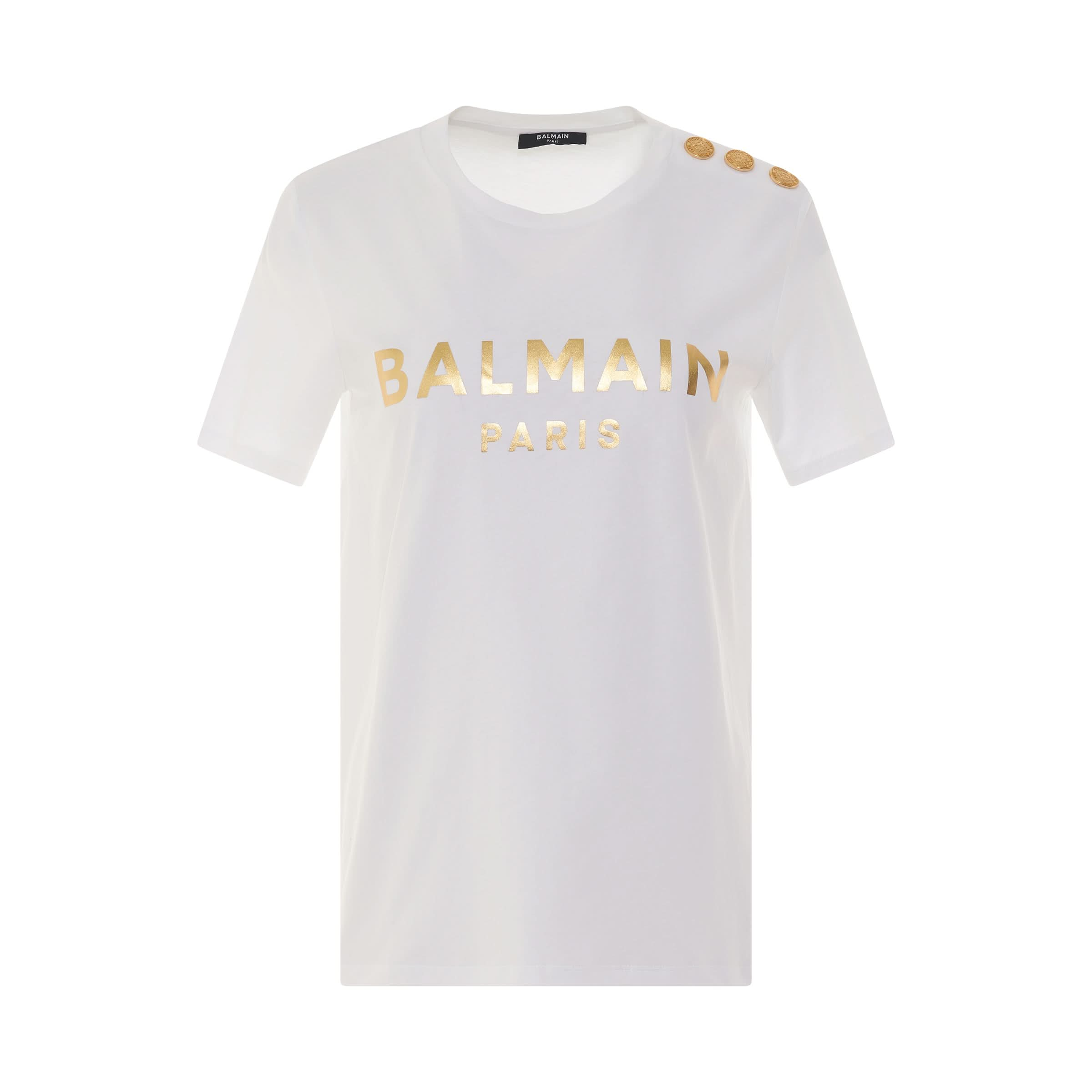 Short Sleeve 3 Button Metallic Logo T-Shirt in White